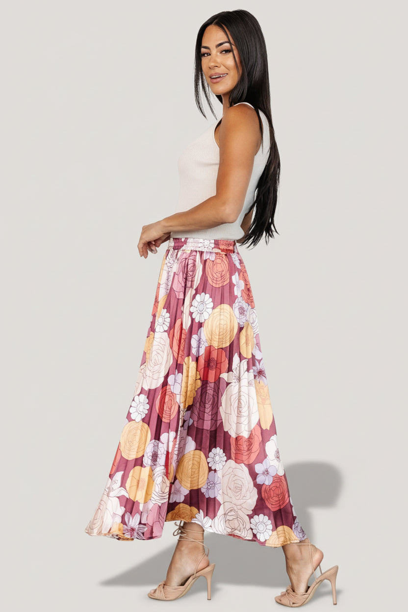 Cori Pleated Skirt | Deep Mauve Floral