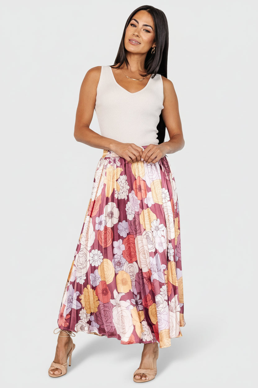Cori Pleated Skirt | Deep Mauve Floral