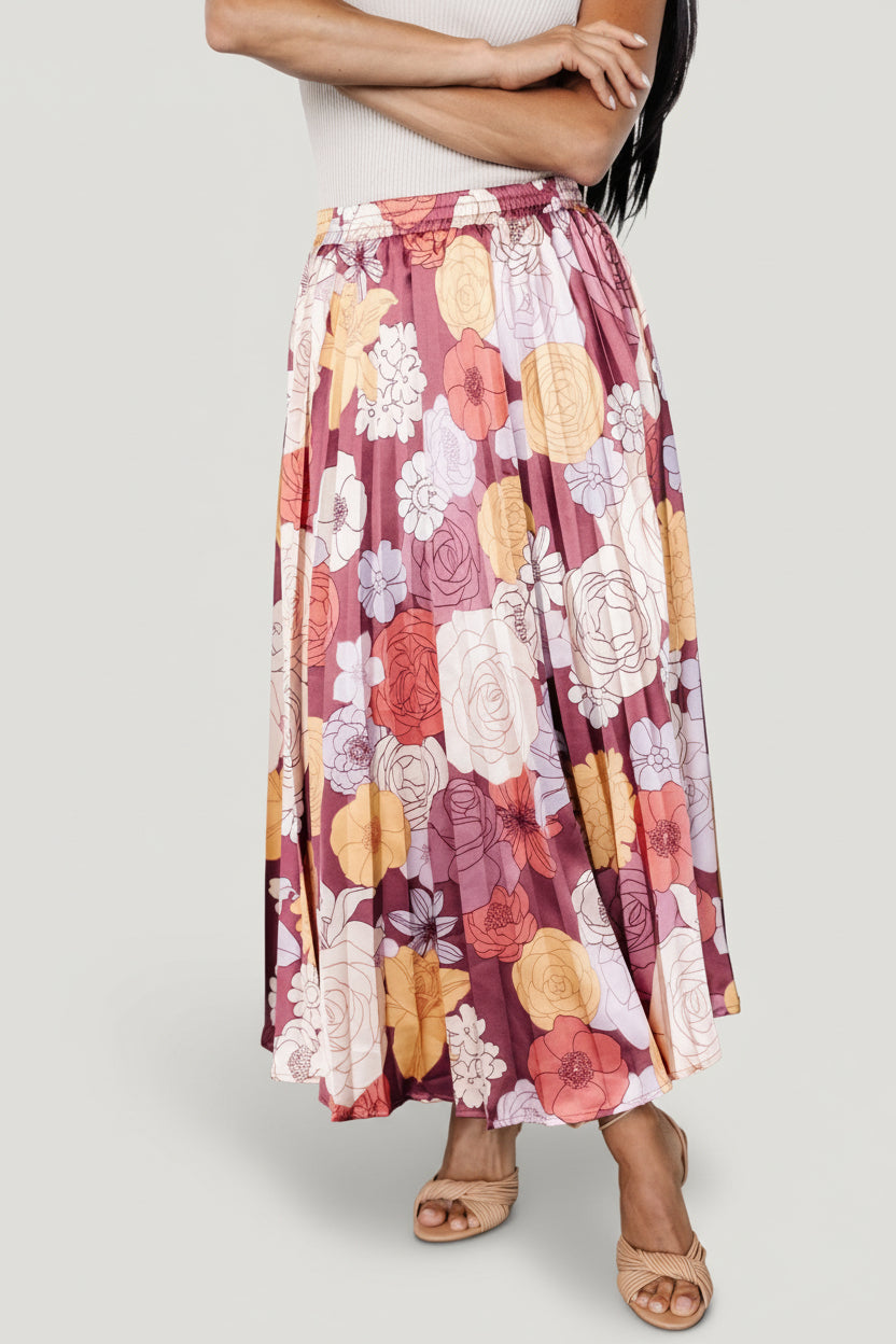Cori Pleated Skirt | Deep Mauve Floral