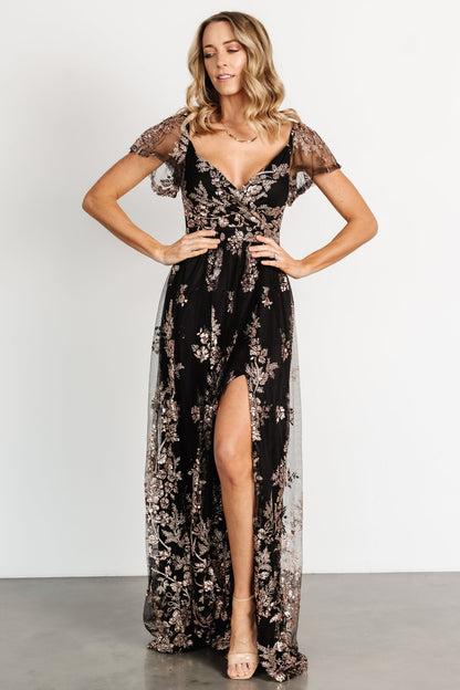 Corinne Shimmer Maxi Gown | Black + Rose Gold - Baltic Born