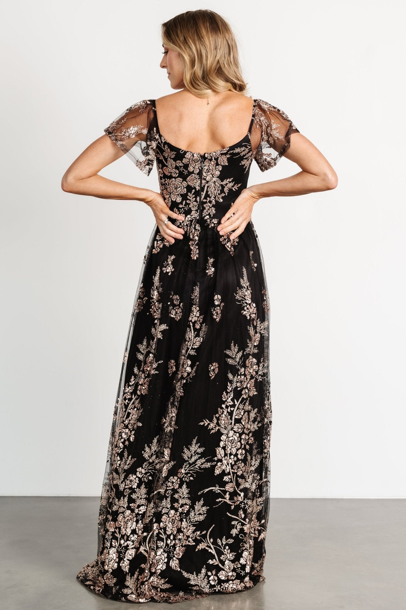 Corinne Shimmer Maxi Gown | Black + Rose Gold - Baltic Born