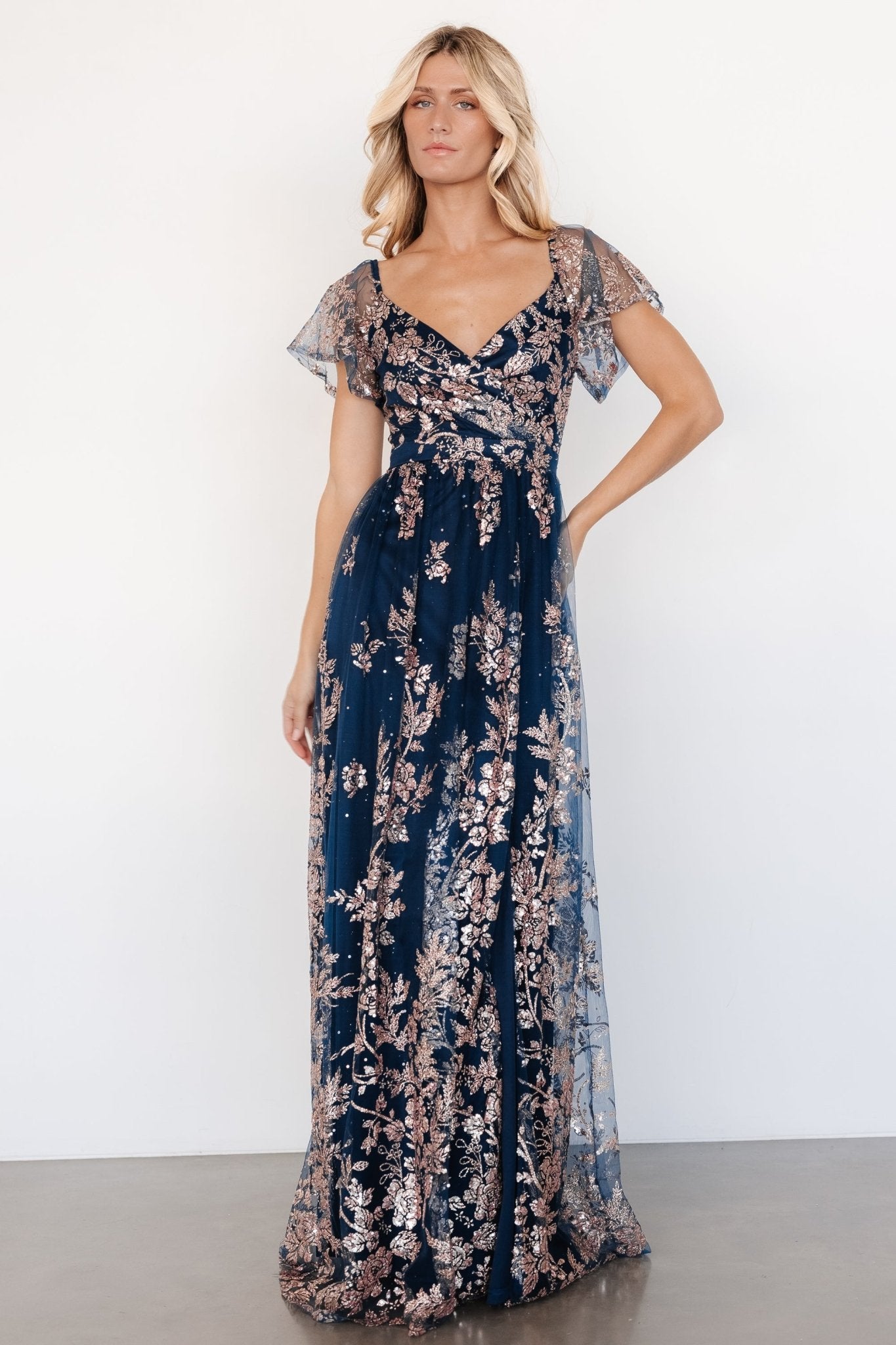 Corinne Shimmer Maxi Gown | Navy + Rose Gold - Baltic Born