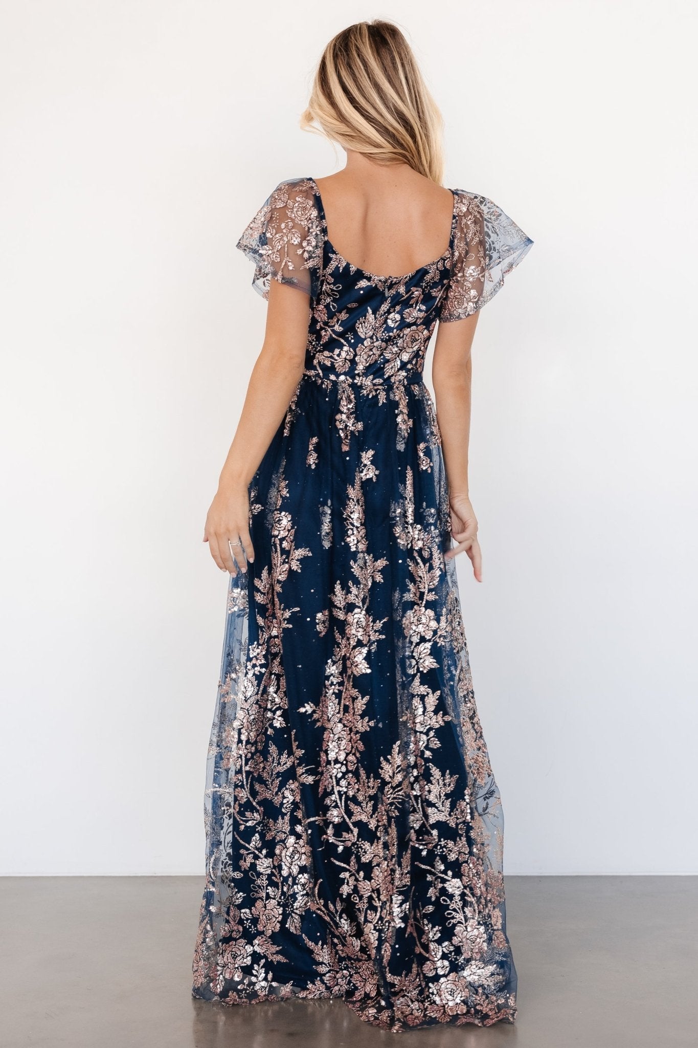 Corinne Shimmer Maxi Gown | Navy + Rose Gold - Baltic Born