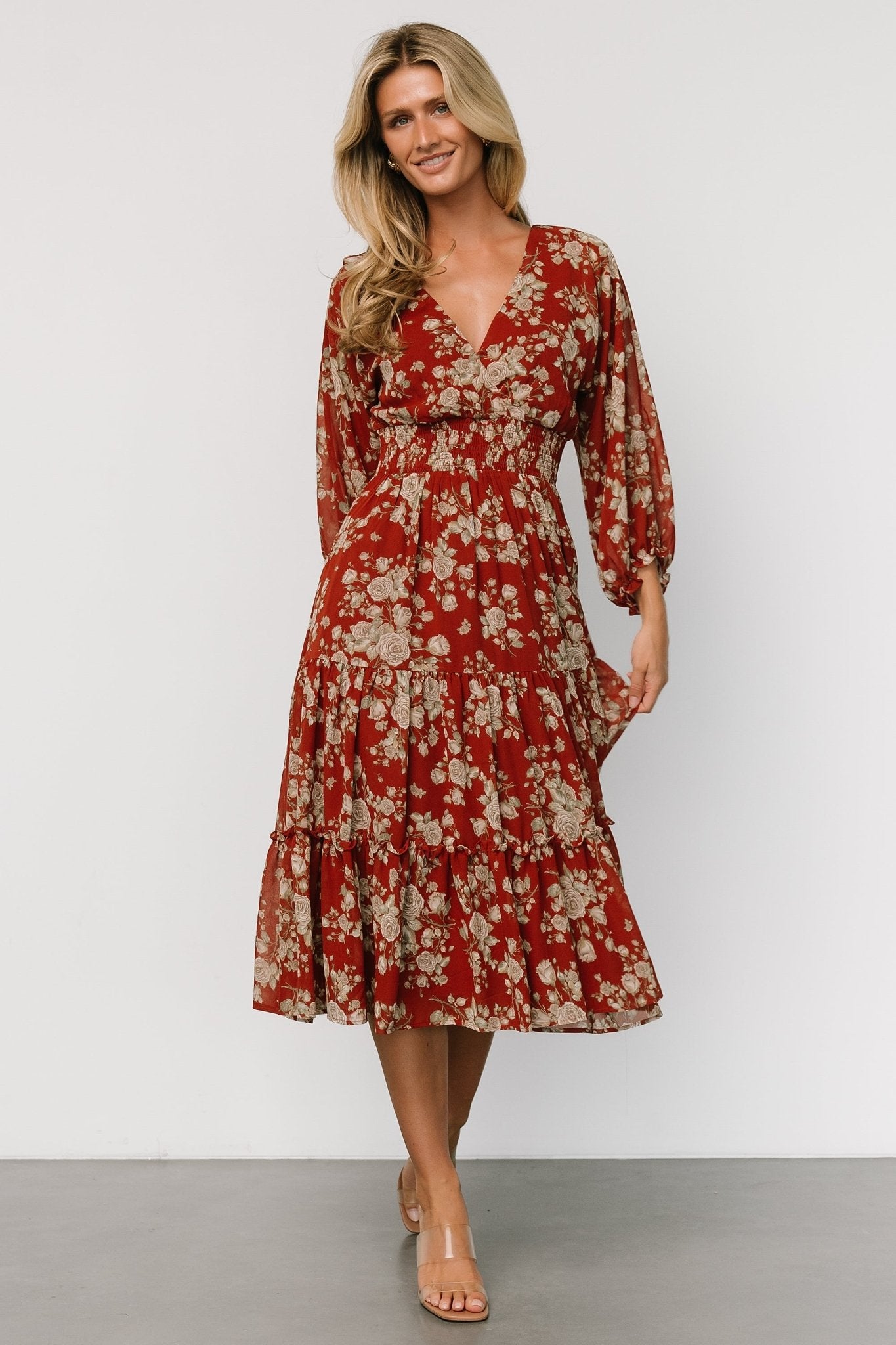 Coventry Tiered Midi Dress | Rust Floral - Baltic Born