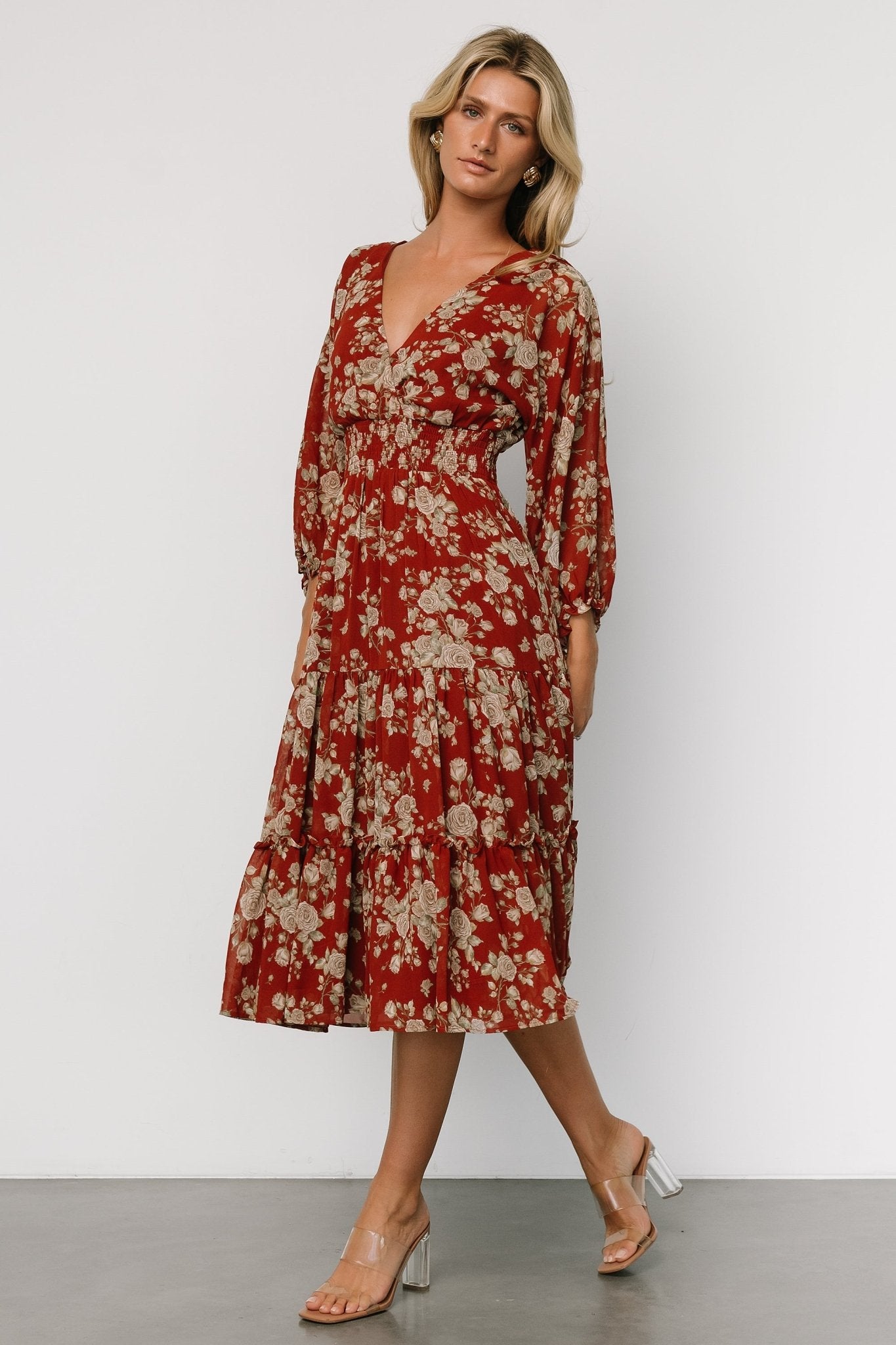 Coventry Tiered Midi Dress | Rust Floral - Baltic Born