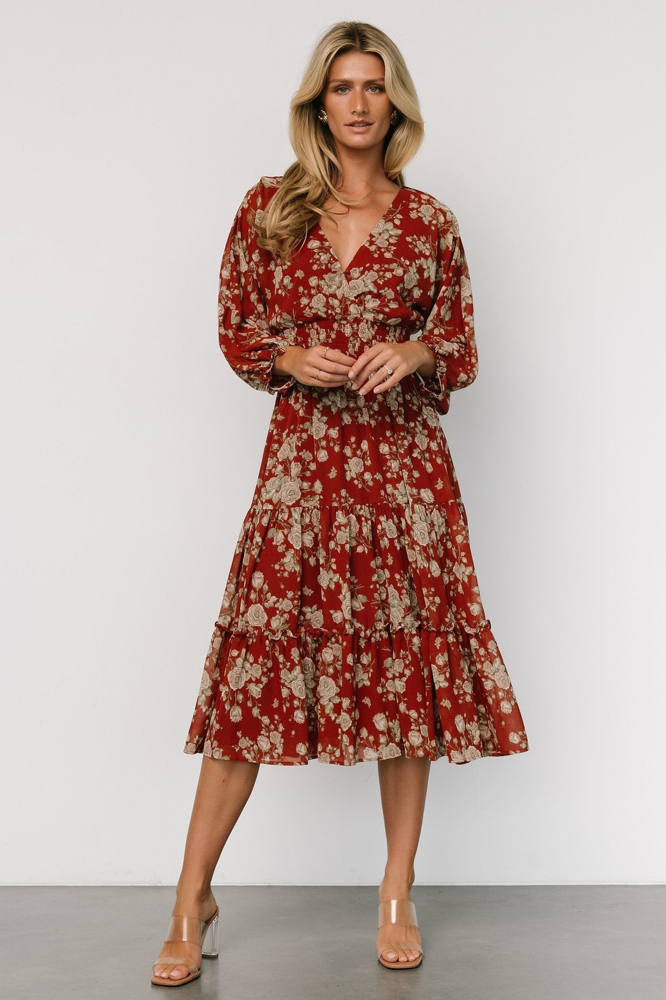 Coventry Tiered Midi Dress | Rust Floral - Baltic Born