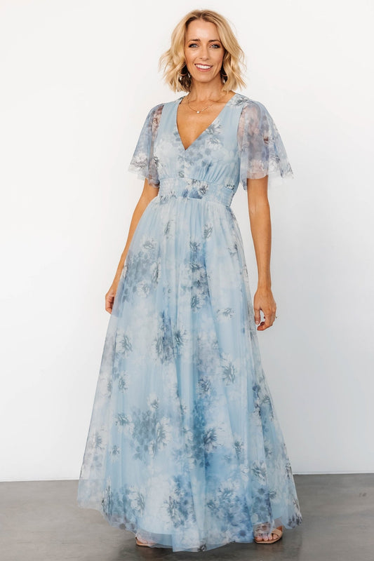 Cressida Tulle Maxi Dress | Blue + Off White Floral - Baltic Born