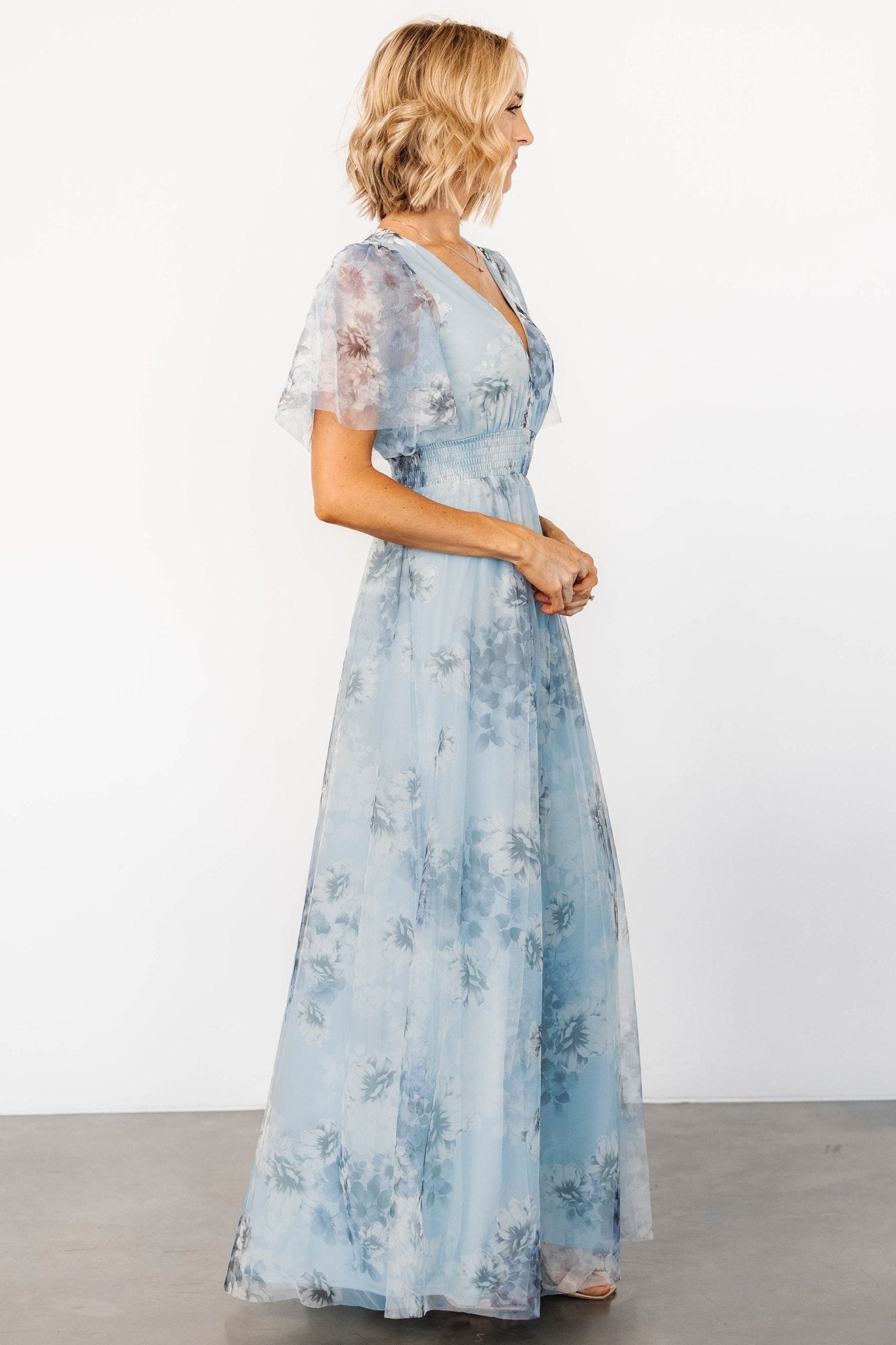 Cressida Tulle Maxi Dress | Blue + Off White Floral - Baltic Born