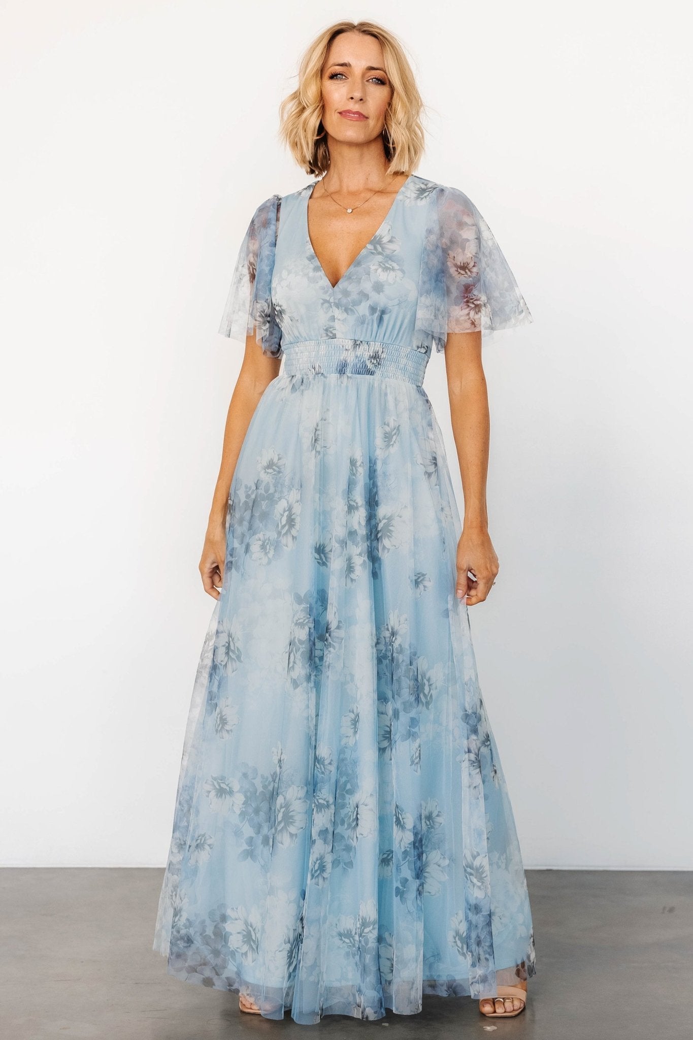 Cressida Tulle Maxi Dress | Blue + Off White Floral - Baltic Born