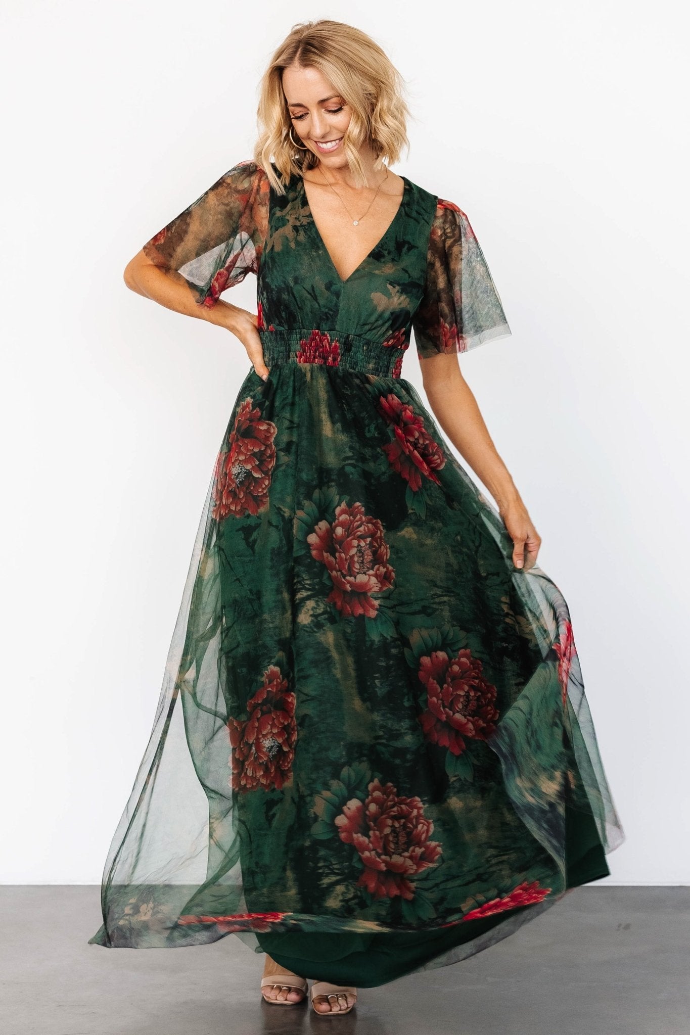 Cressida Tulle Maxi Dress | Dark Green + Red Floral - Baltic Born