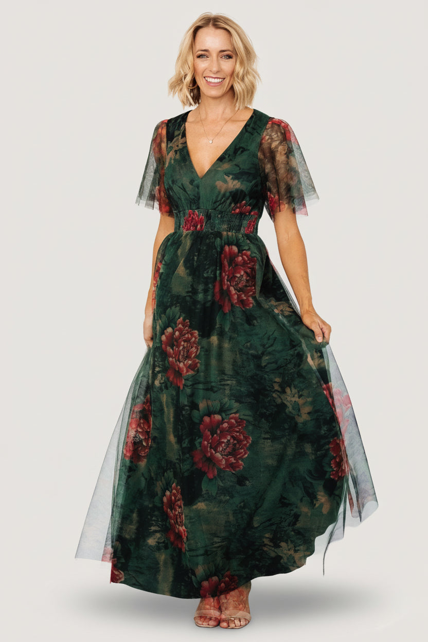 Cressida Tulle Maxi Dress | Dark Green + Red Floral