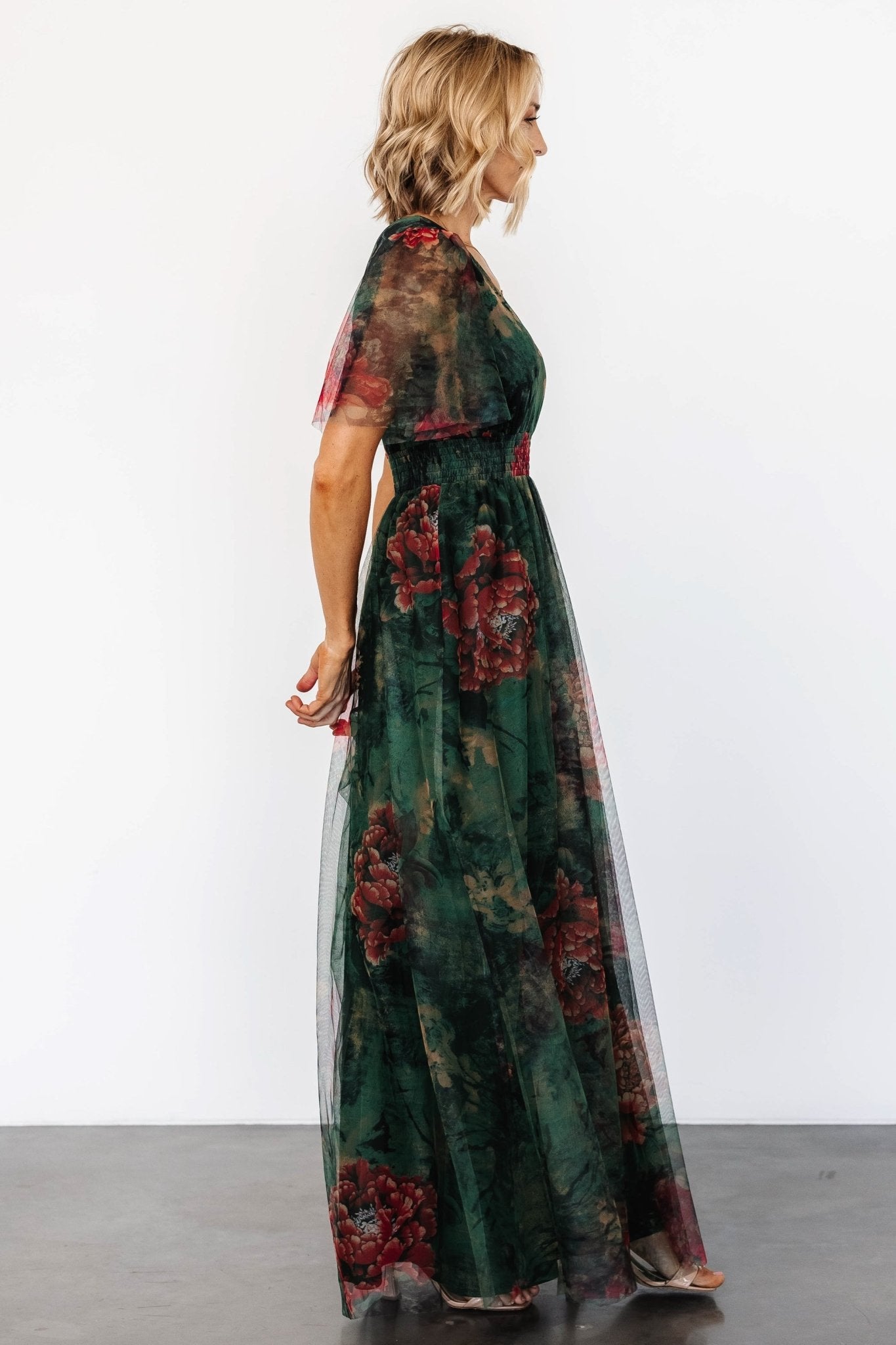 Cressida Tulle Maxi Dress | Dark Green + Red Floral - Baltic Born