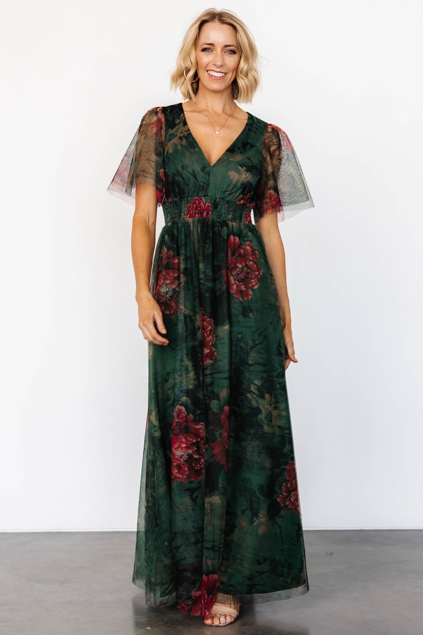 Cressida Tulle Maxi Dress | Dark Green + Red Floral - Baltic Born