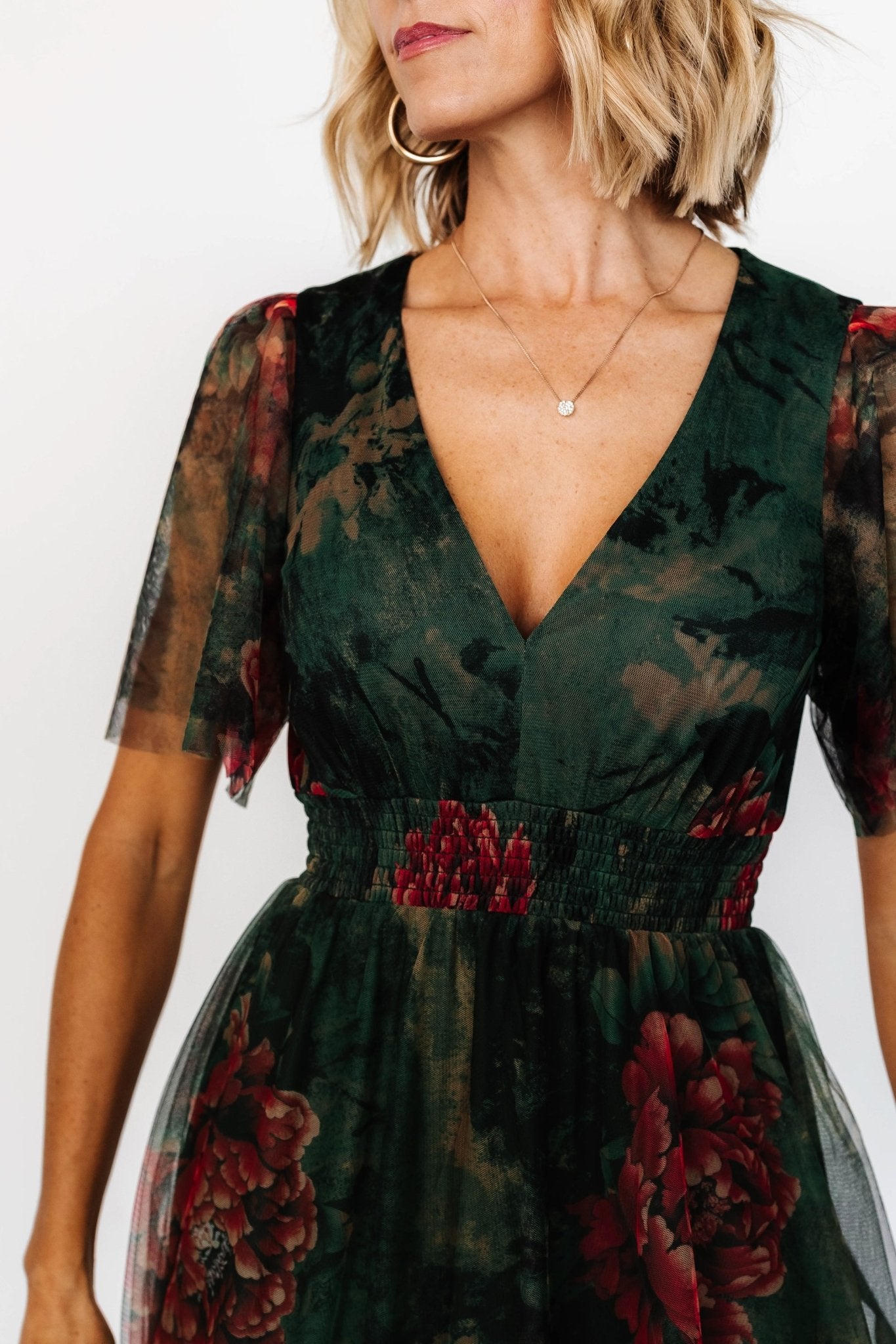 Cressida Tulle Maxi Dress | Dark Green + Red Floral - Baltic Born