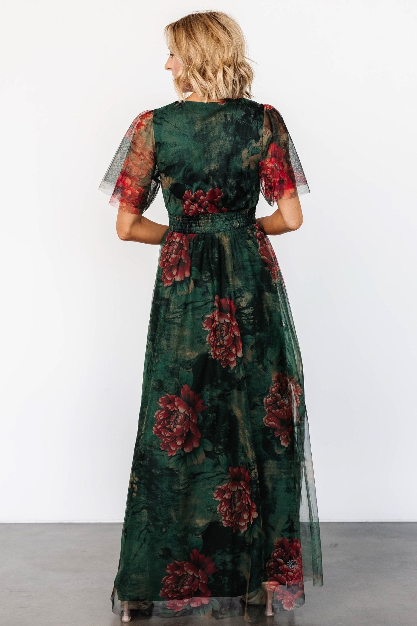 Cressida Tulle Maxi Dress | Dark Green + Red Floral - Baltic Born