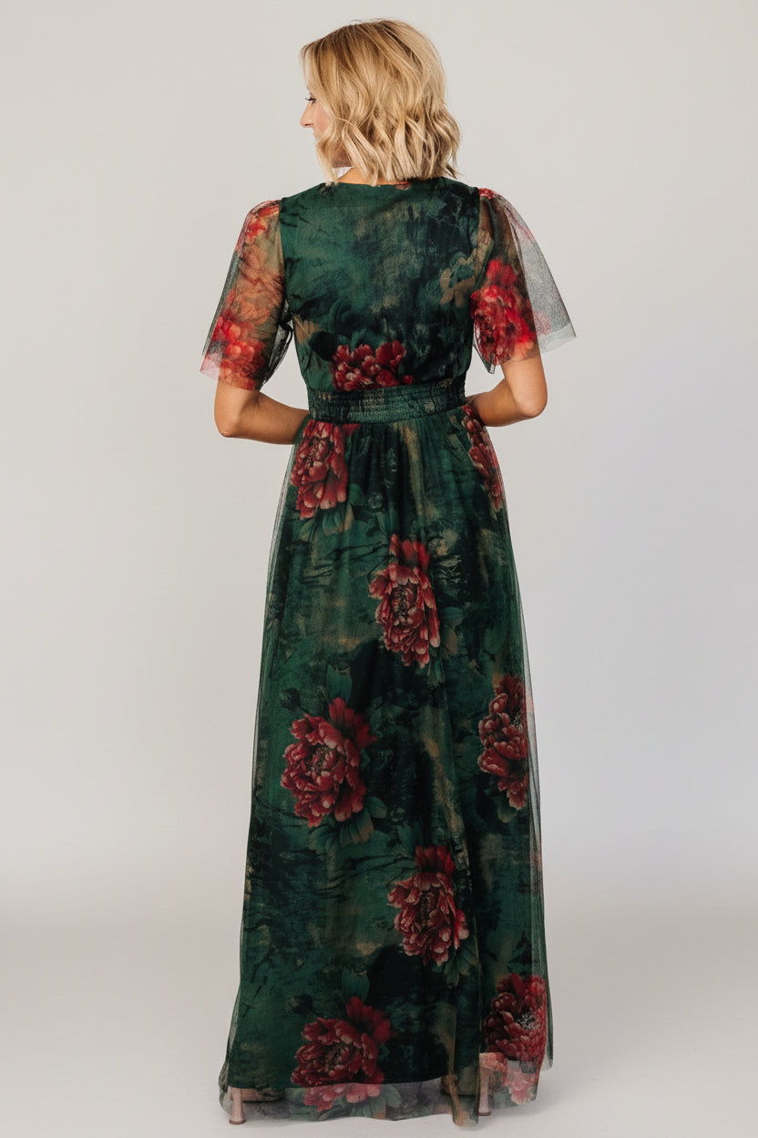 Cressida Tulle Maxi Dress | Dark Green + Red Floral