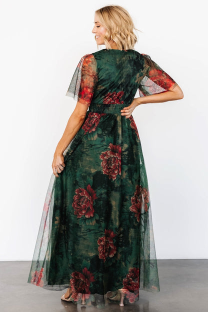 Cressida Tulle Maxi Dress | Dark Green + Red Floral - Baltic Born