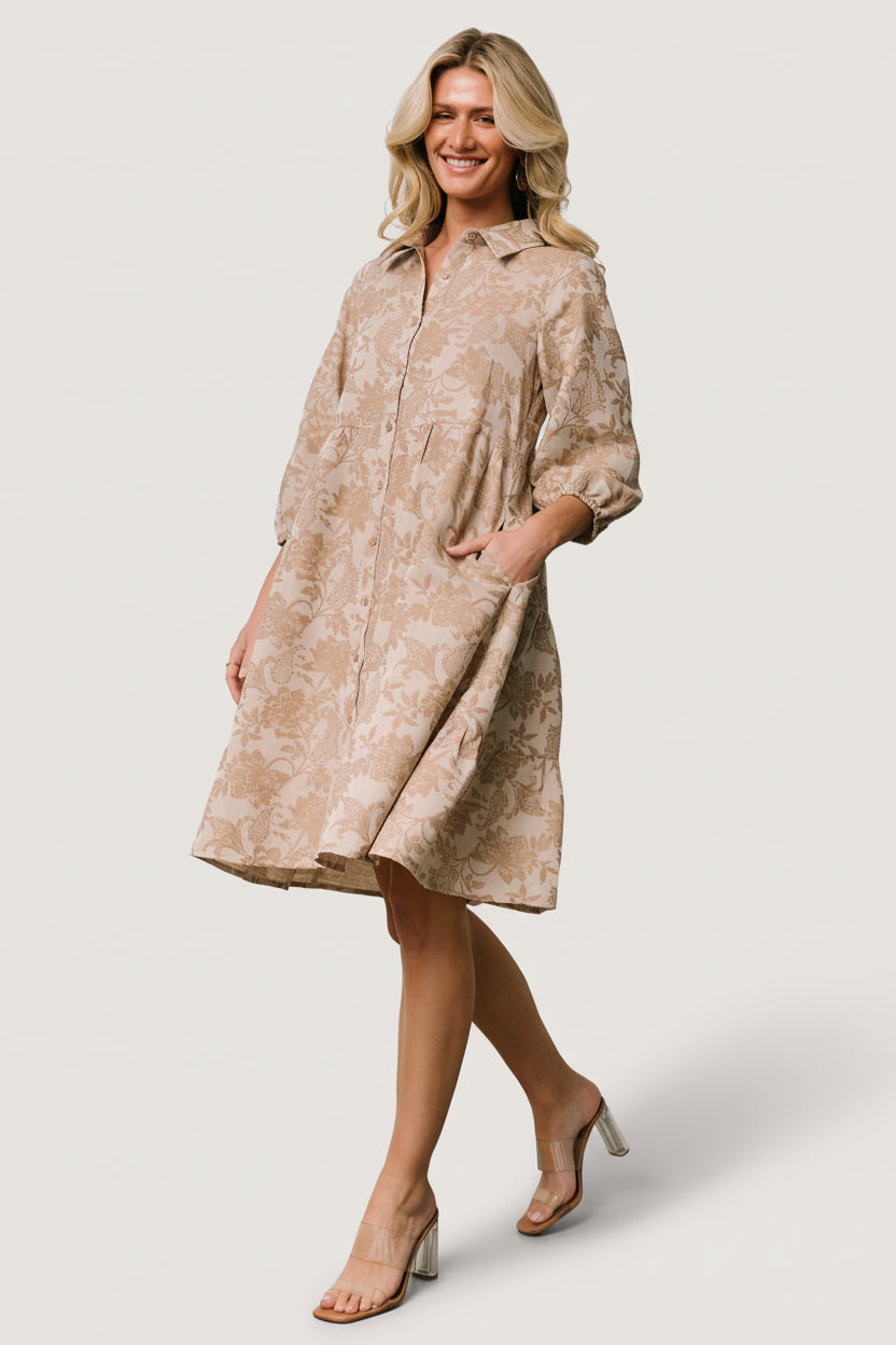 Baltic Born Womens Dakota Babydoll Dress | Taupe Print | Size: Small Baltic Born Womens Dakota Babydoll Dress | Taupe Print | Size: Small