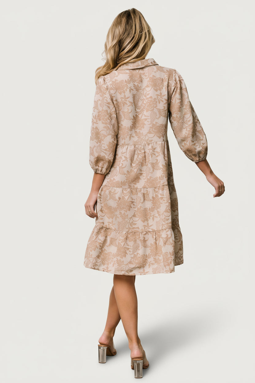 Styled look of Dakota Babydoll Dress with sandals, showing overall fit, sleeve length, and versatile styling options.