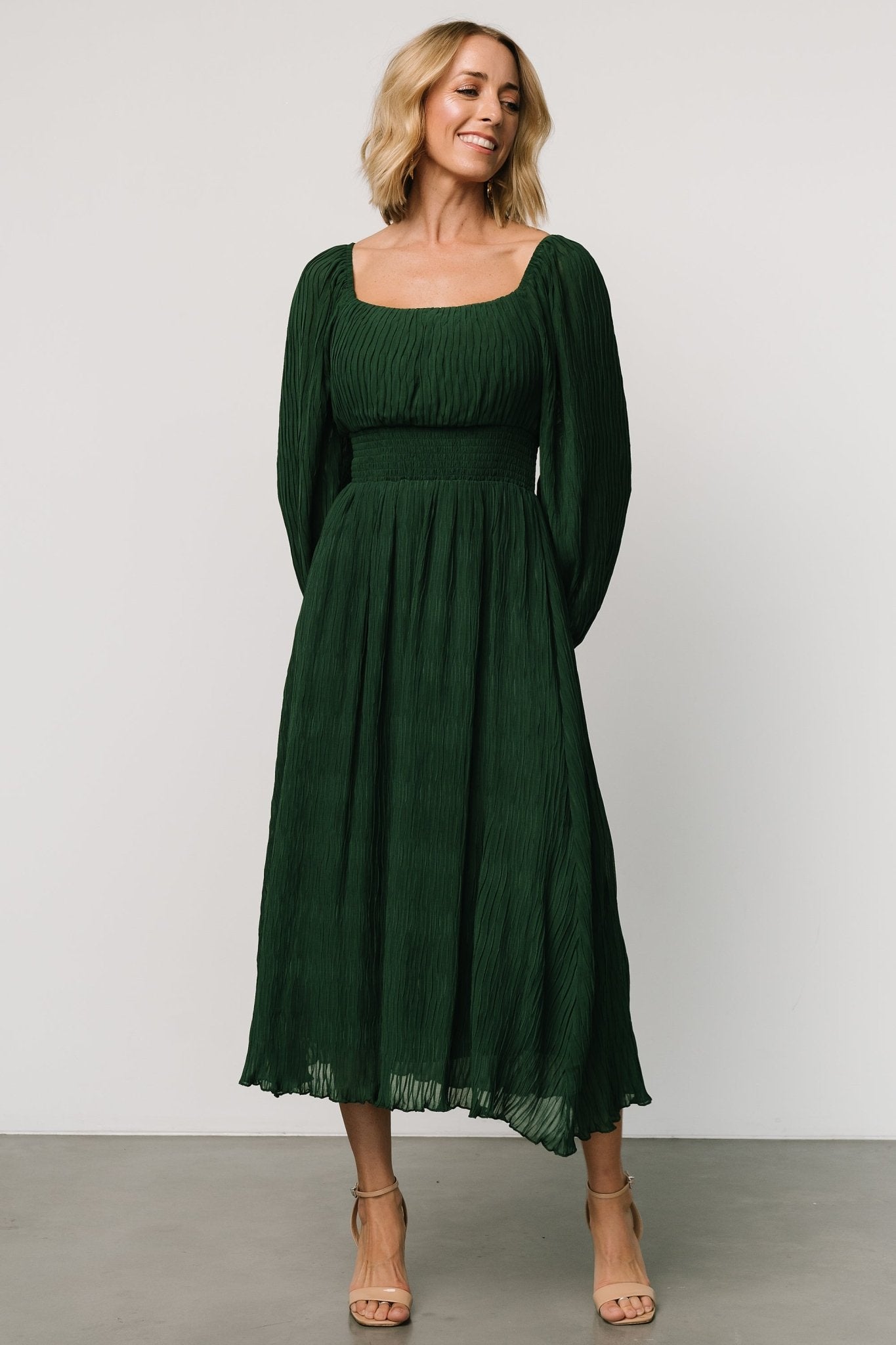 green midi dresses Women's Hunter And Rust Floral Print Ruffle Dress Medium length skirt and a square neckline Petal and Pup Women's Pontee