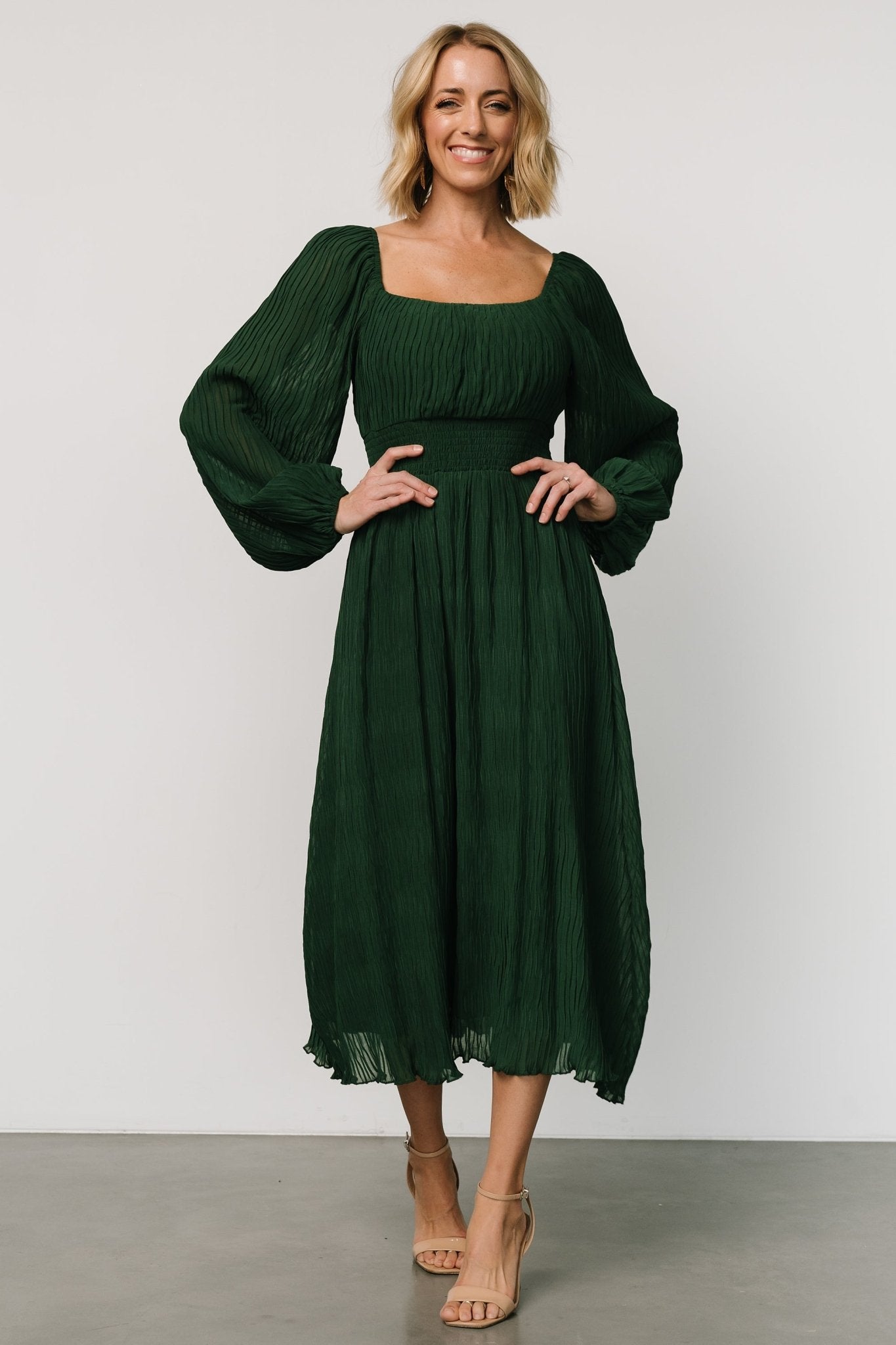 dark green dress midi Emery or any special event! Dalton Pleated Midi Dress |
