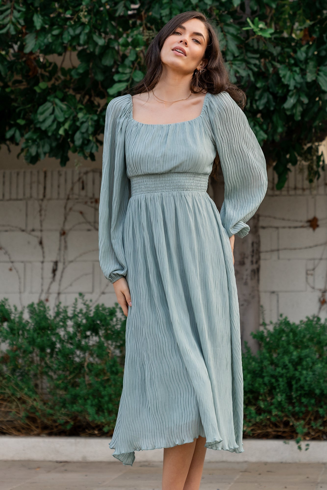 light green midi dress Baltic Born Womens Dalton Pleated Midi Dress | Light Sage