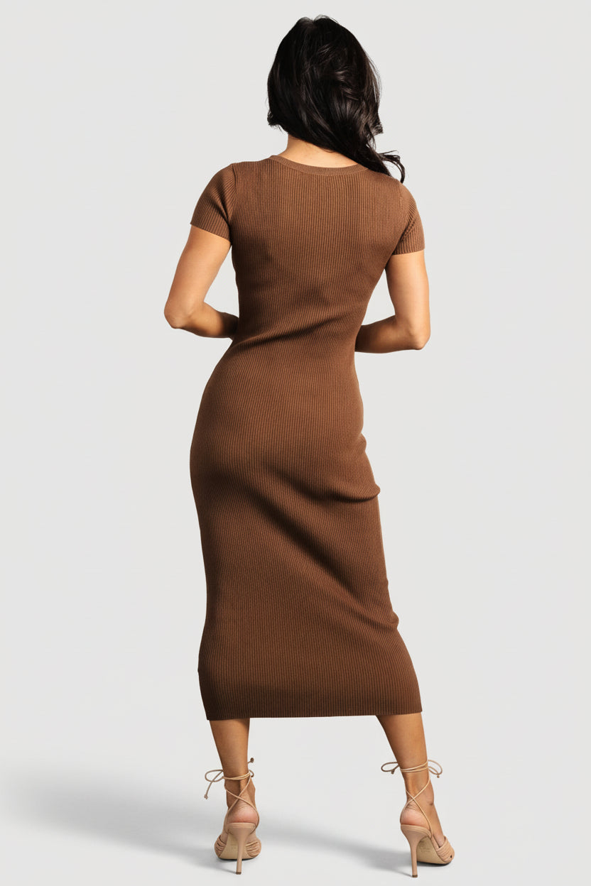 Close-up of rib knit texture and jewel neckline on Dana midi dress in mocha brown, showing fabric composition and stretch.
