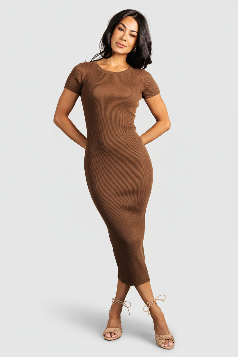 Styled look: Dana ribbed midi dress in mocha brown worn with minimal accessories, demonstrating day-to-night versatility.
