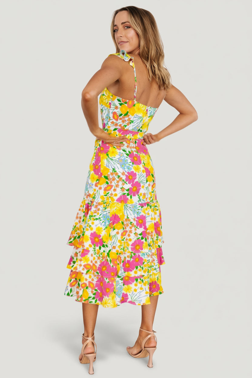 Baltic Born Womens Dani Ruffle Tiered Midi Dress | Multi Floral