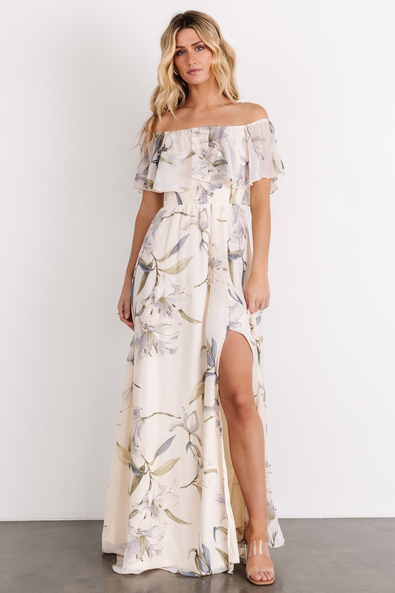 Daphne Off Shoulder Maxi Dress | Beige + Blue Floral - Baltic Born