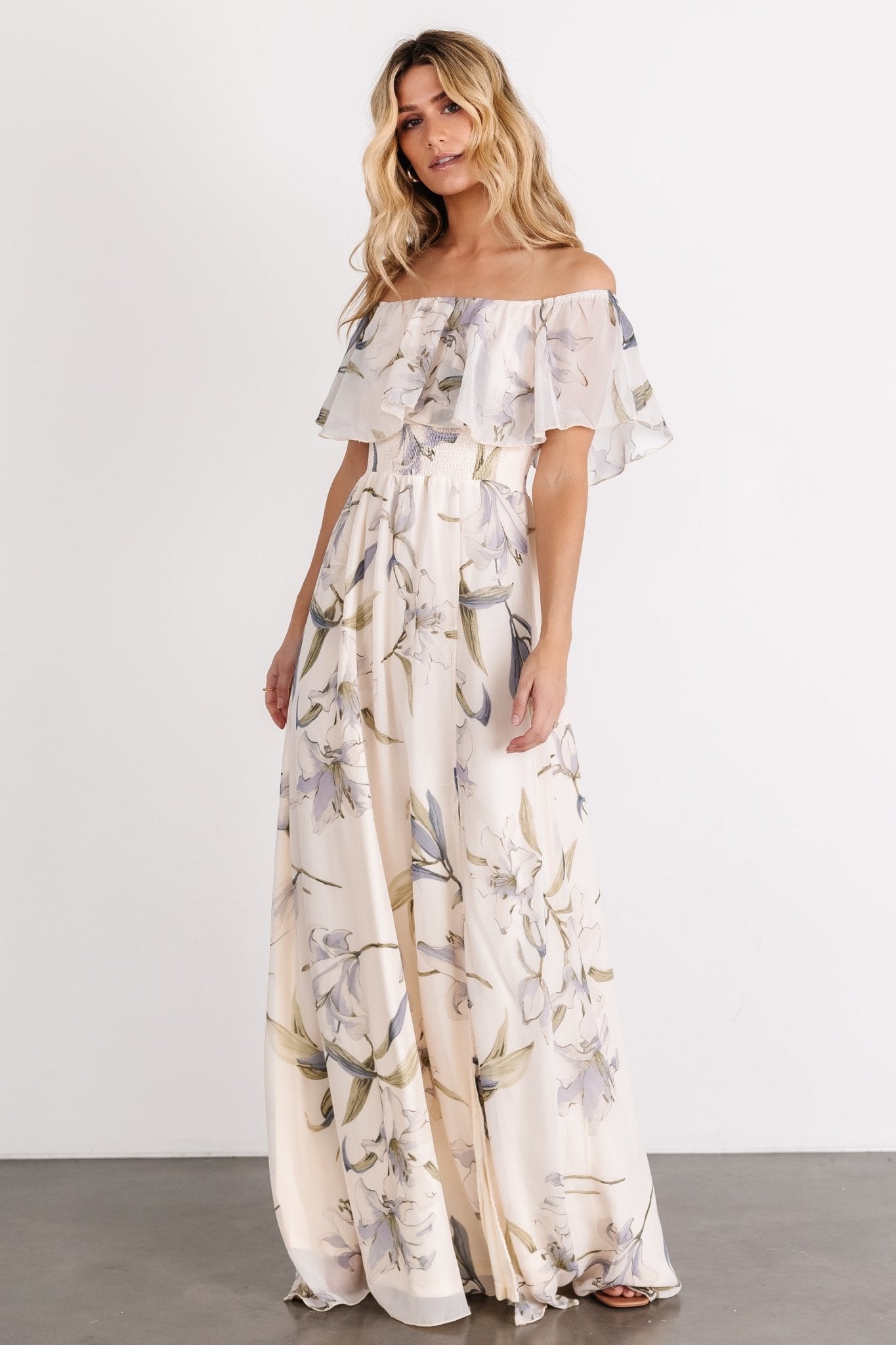 Daphne Off Shoulder Maxi Dress | Beige + Blue Floral - Baltic Born