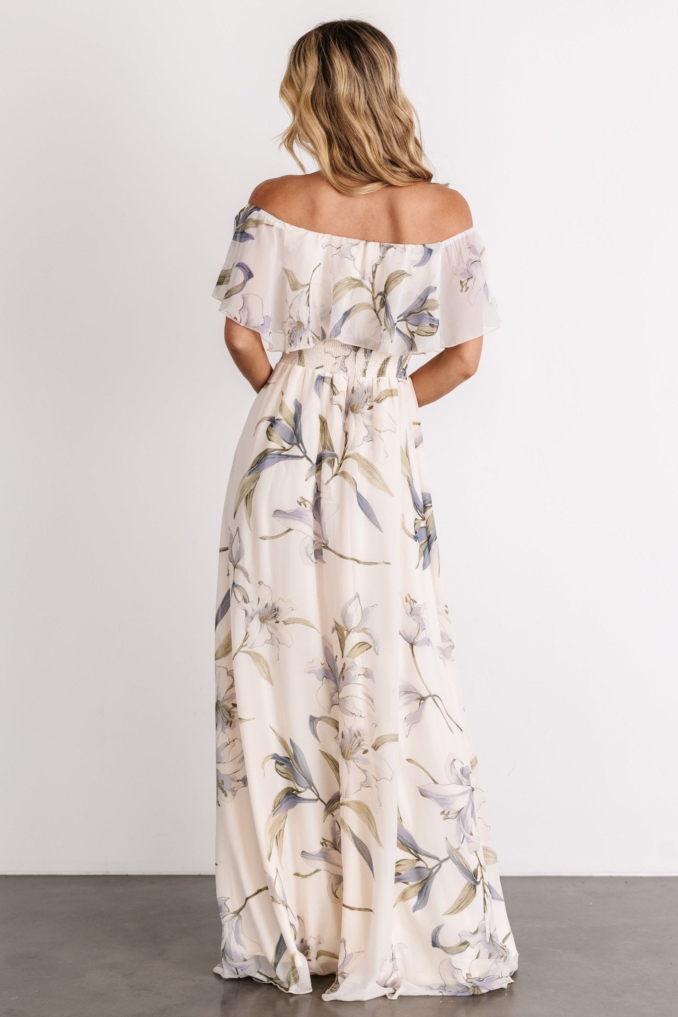 Daphne Off Shoulder Maxi Dress | Beige + Blue Floral - Baltic Born