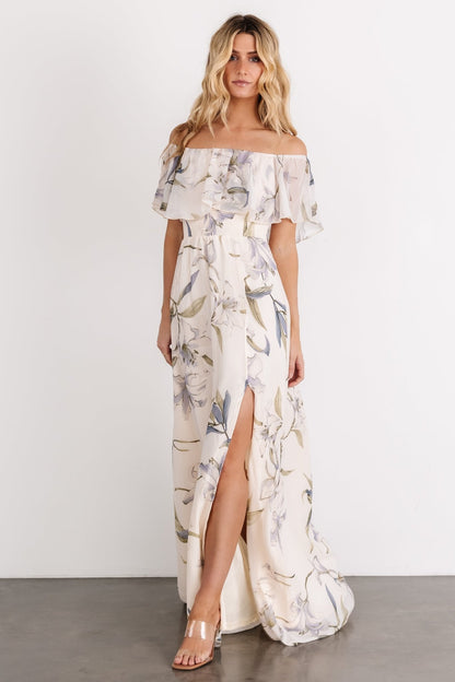 Daphne Off Shoulder Maxi Dress | Beige + Blue Floral - Baltic Born