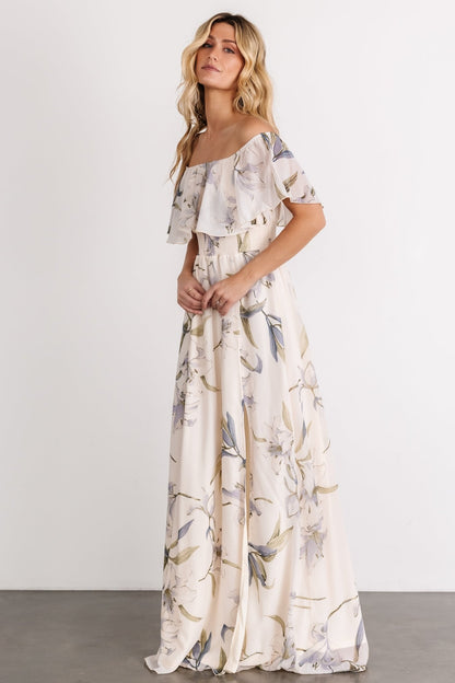 Daphne Off Shoulder Maxi Dress | Beige + Blue Floral - Baltic Born