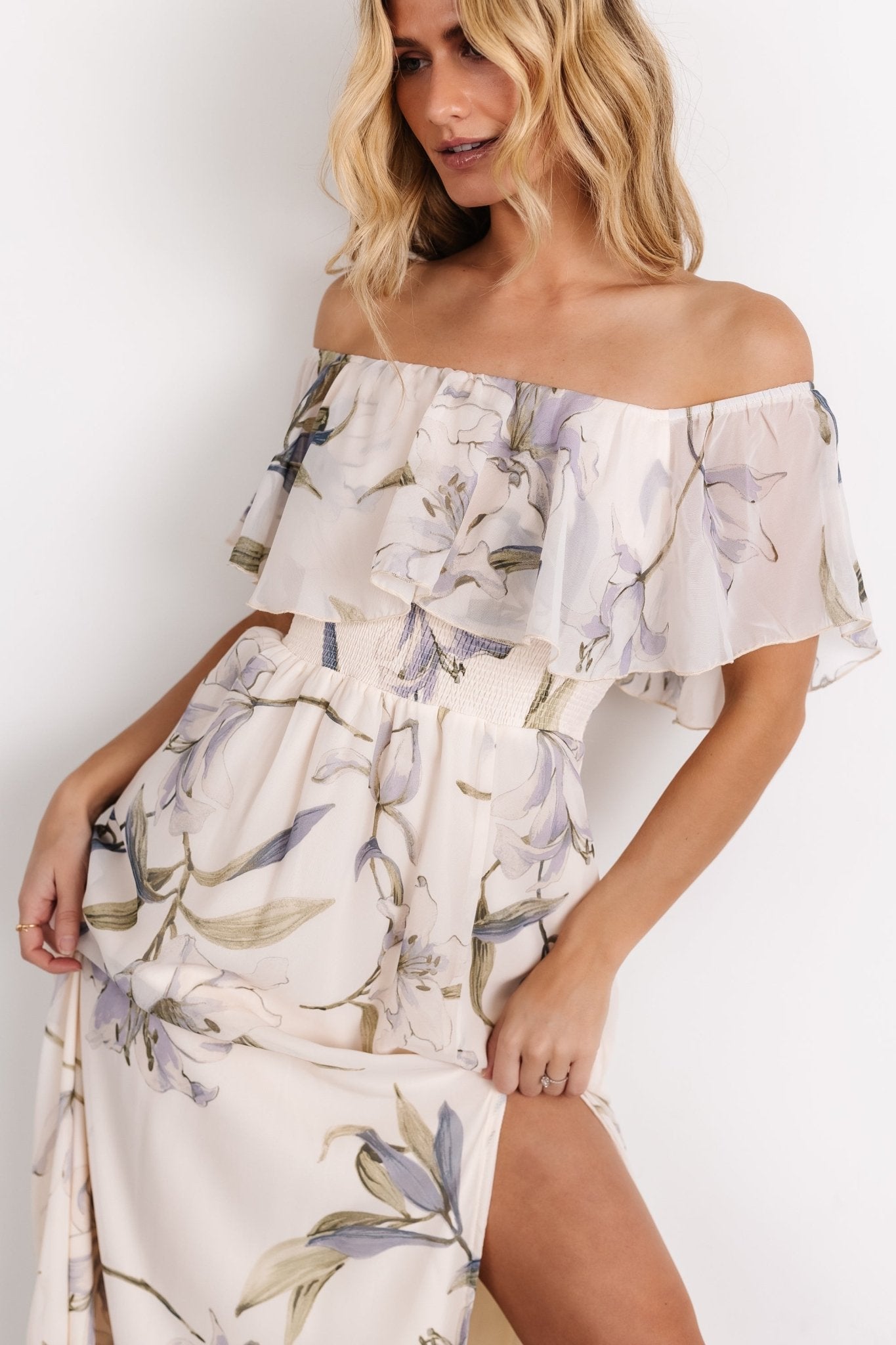 Daphne Off Shoulder Maxi Dress | Beige + Blue Floral - Baltic Born