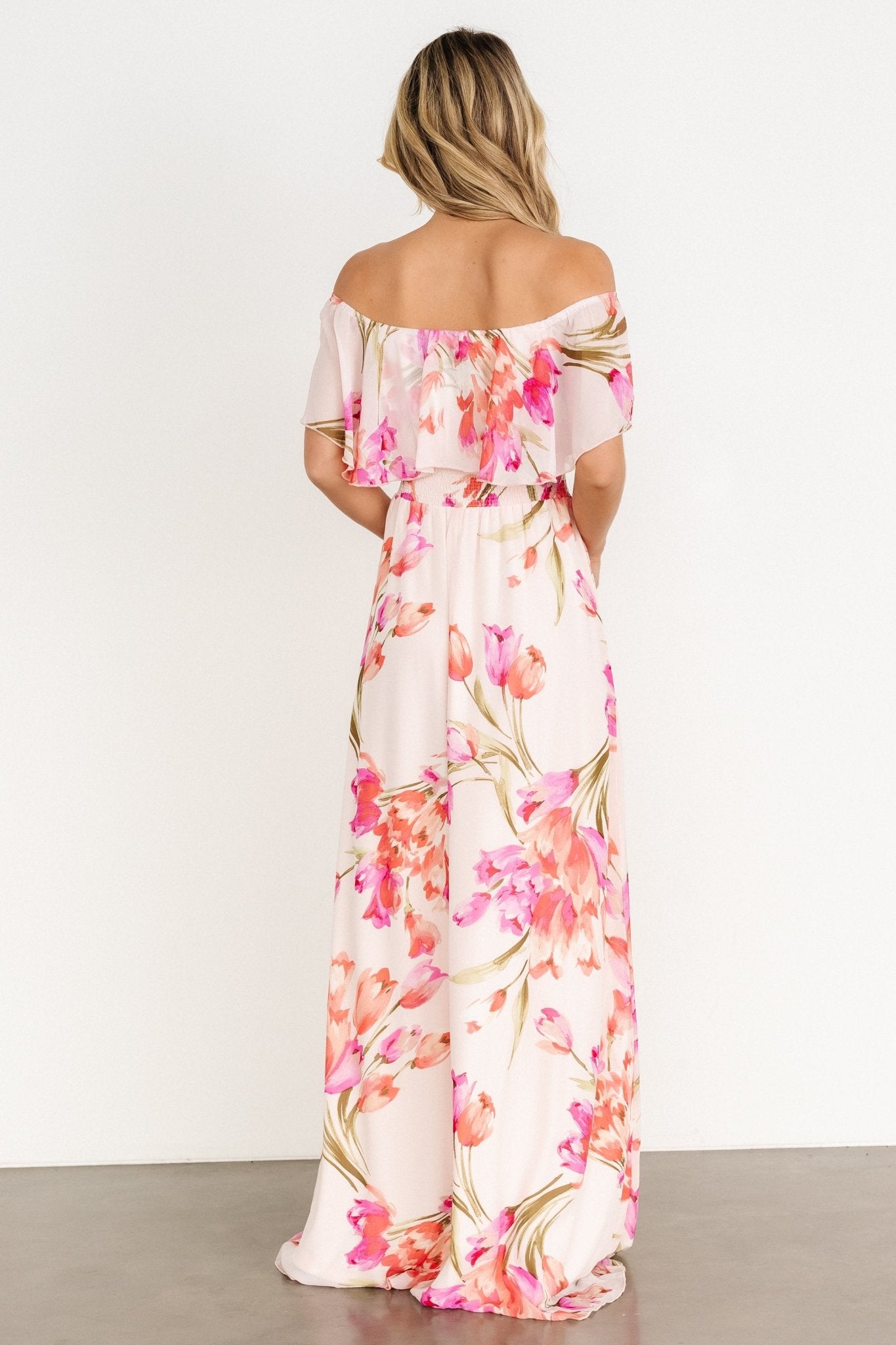 MABLE Floral Printed Off Shoulder Maxi Dress