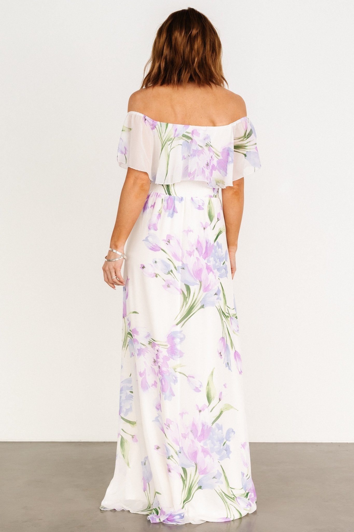 Daphne Off Shoulder Maxi Dress | Ivory + Lavender Floral - Baltic Born