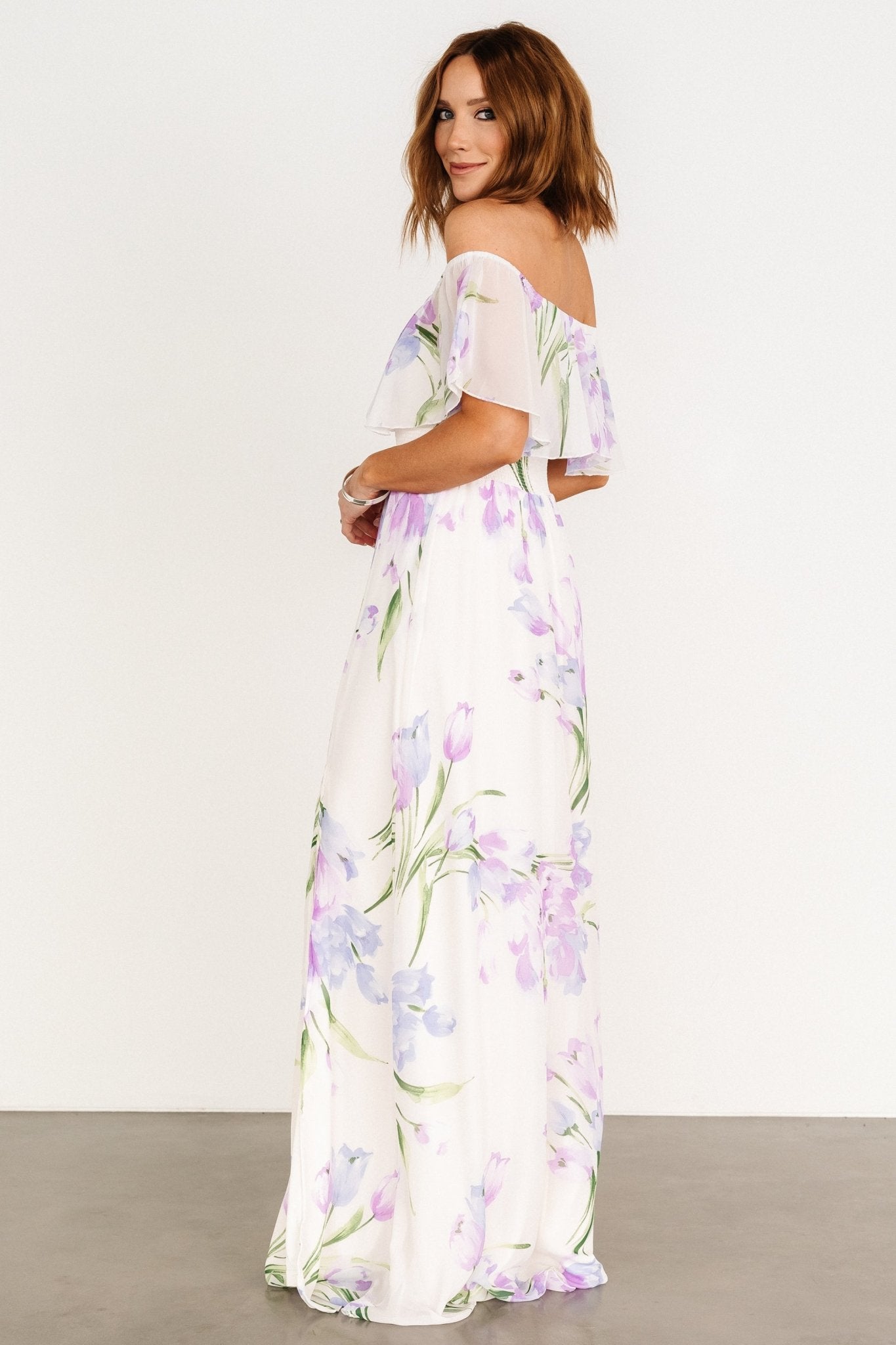 Daphne Off Shoulder Maxi Dress | Ivory + Lavender Floral - Baltic Born