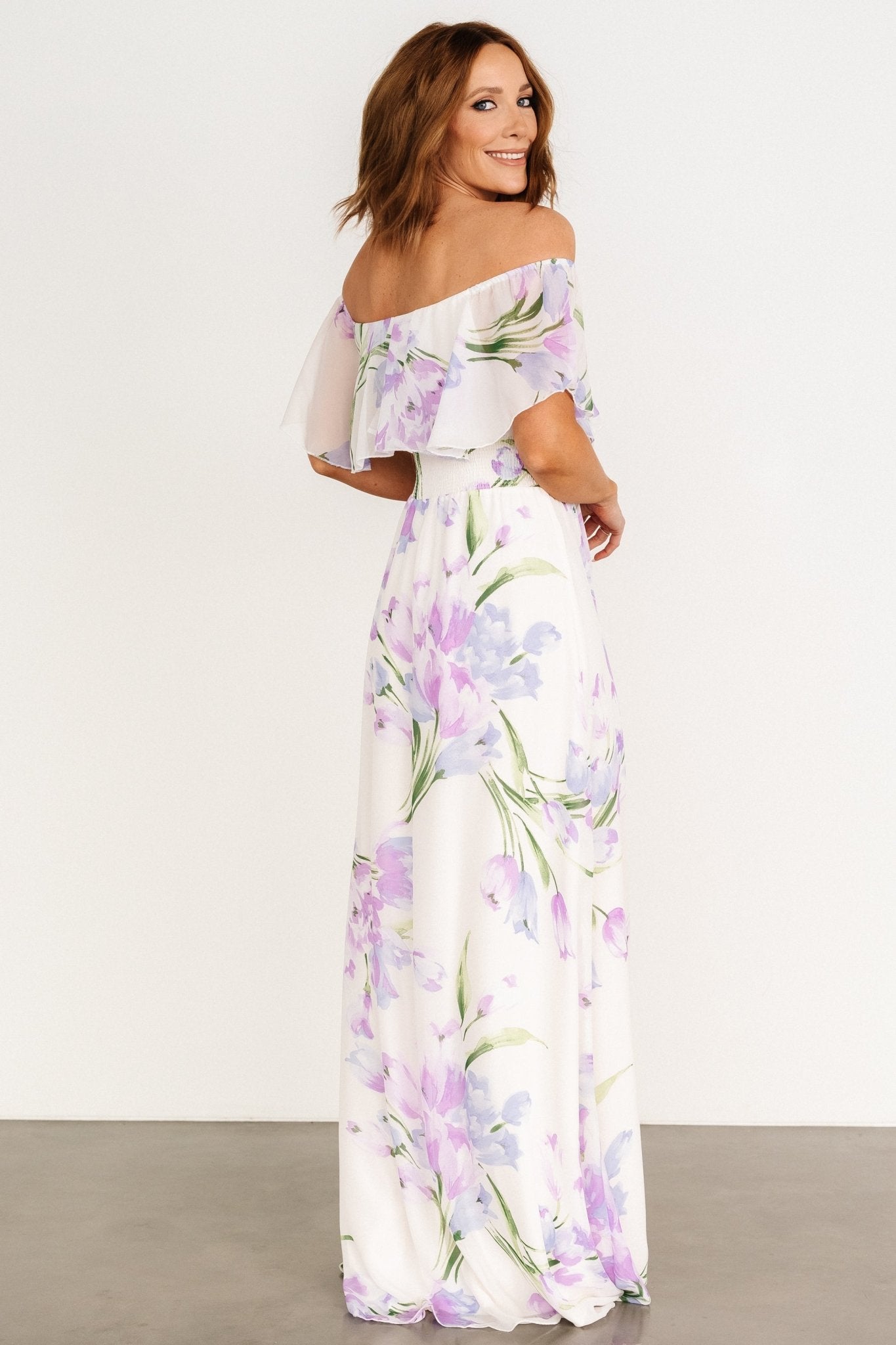 Daphne Off Shoulder Maxi Dress | Ivory + Lavender Floral - Baltic Born