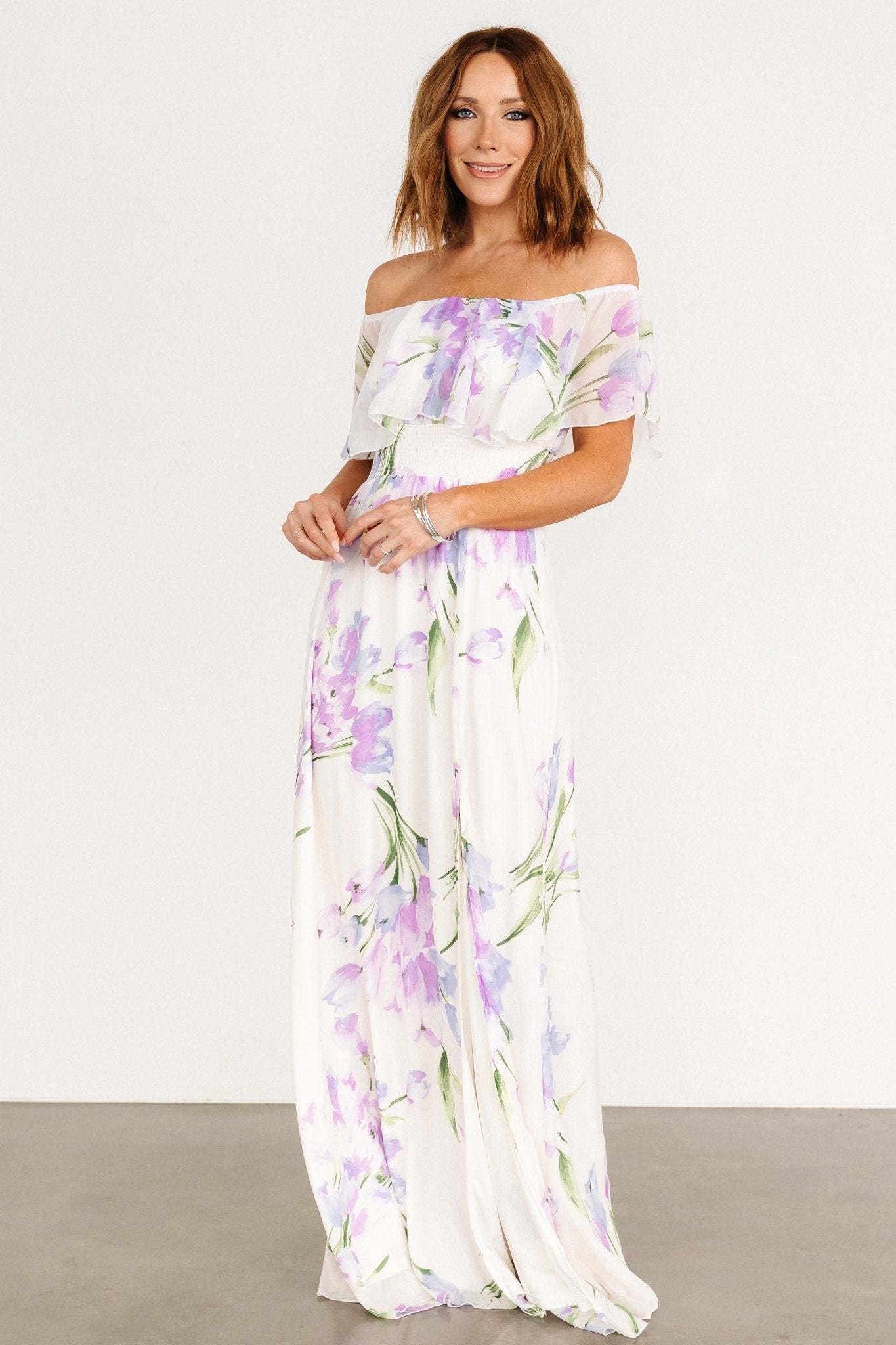 Daphne Off Shoulder Maxi Dress | Ivory + Lavender Floral - Baltic Born