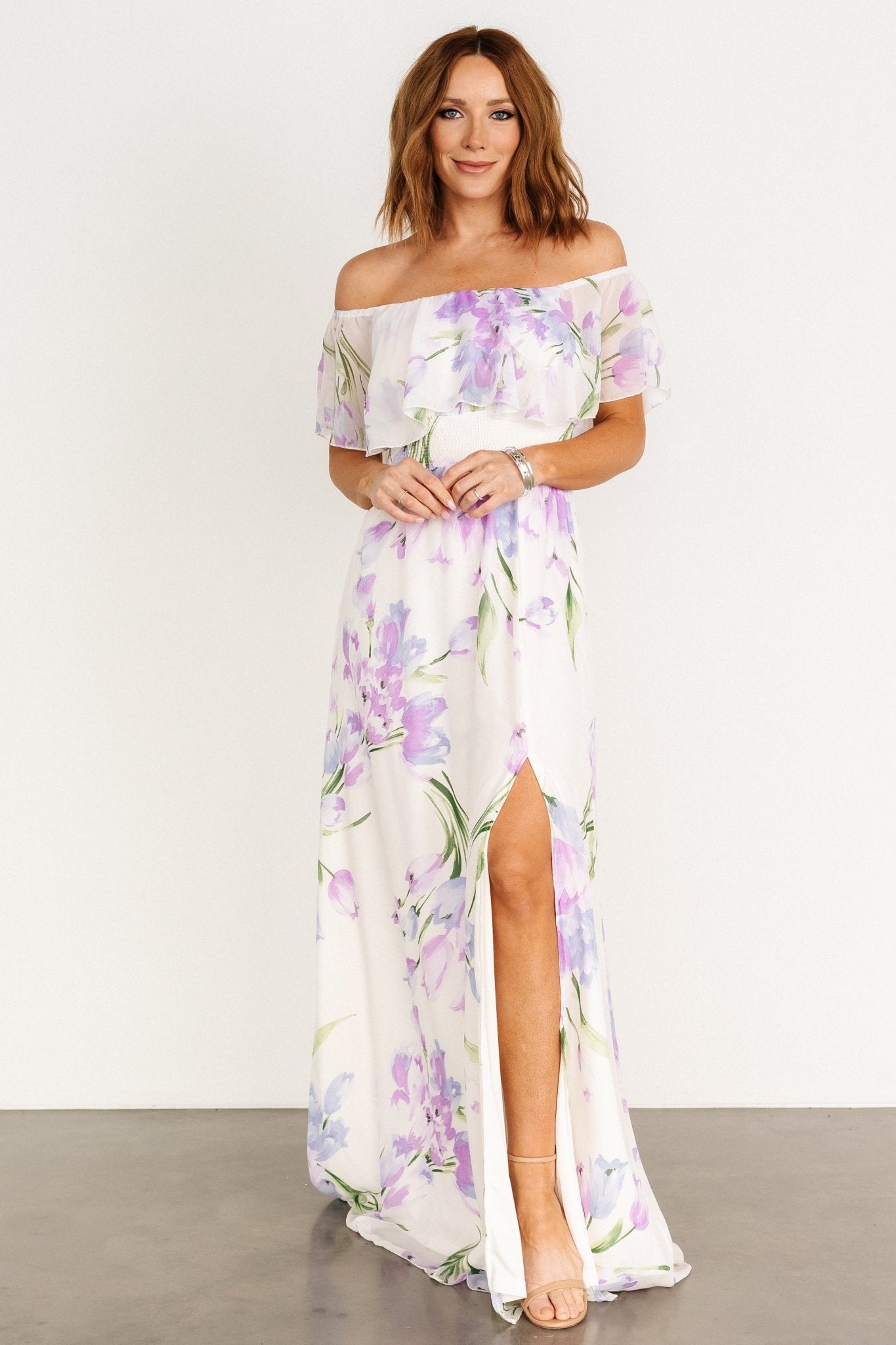 Daphne Off Shoulder Maxi Dress | Ivory + Lavender Floral - Baltic Born