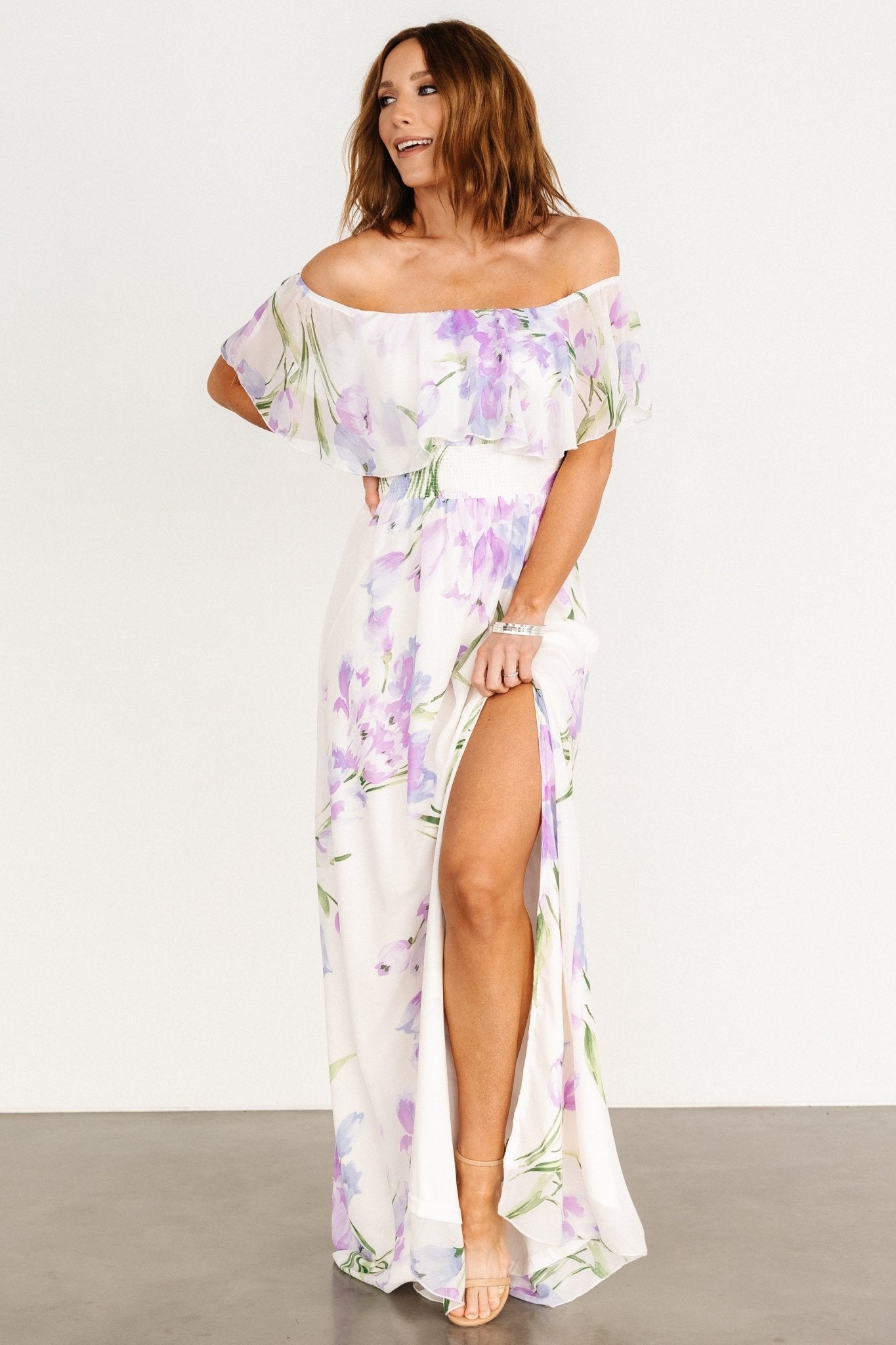 Daphne Off Shoulder Maxi Dress | Ivory + Lavender Floral - Baltic Born