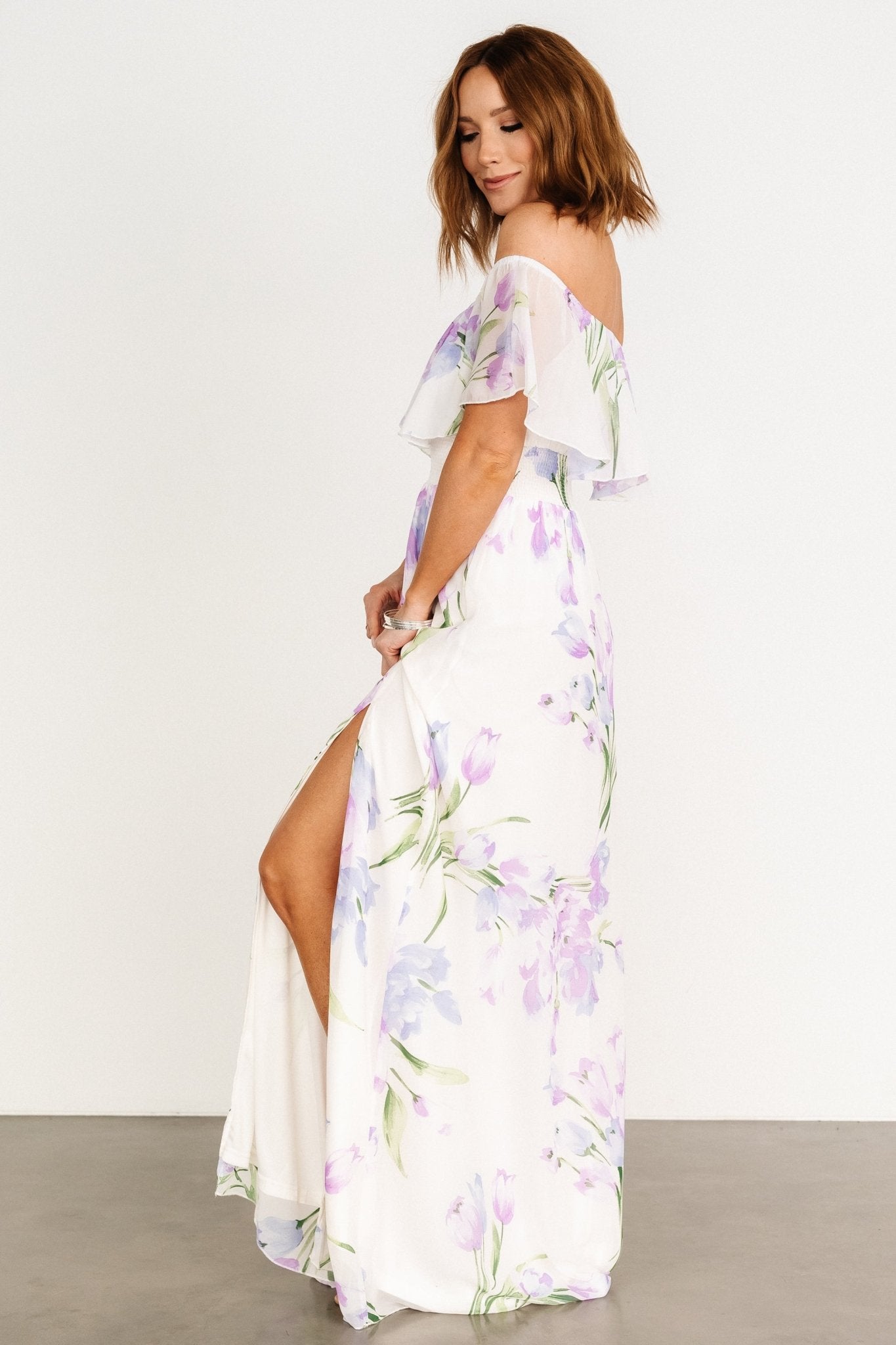 Daphne Off Shoulder Maxi Dress | Ivory + Lavender Floral - Baltic Born