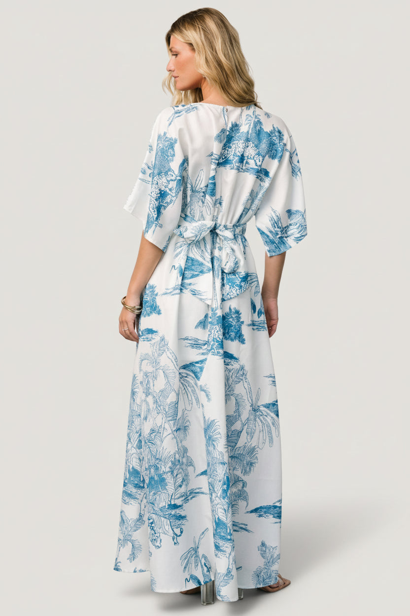 Styled shot showing kimono-style sleeves and adjustable elastic back waist with tie, suitable for casual or semi-casual occasions.