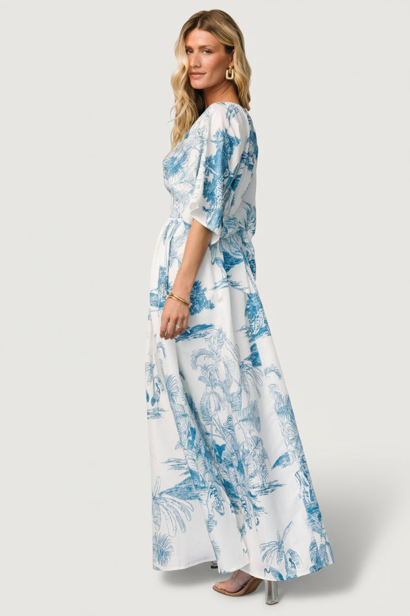 blue print maxi dress Dara Maxi Dress — Ivory & Blue Tropical Maxi
