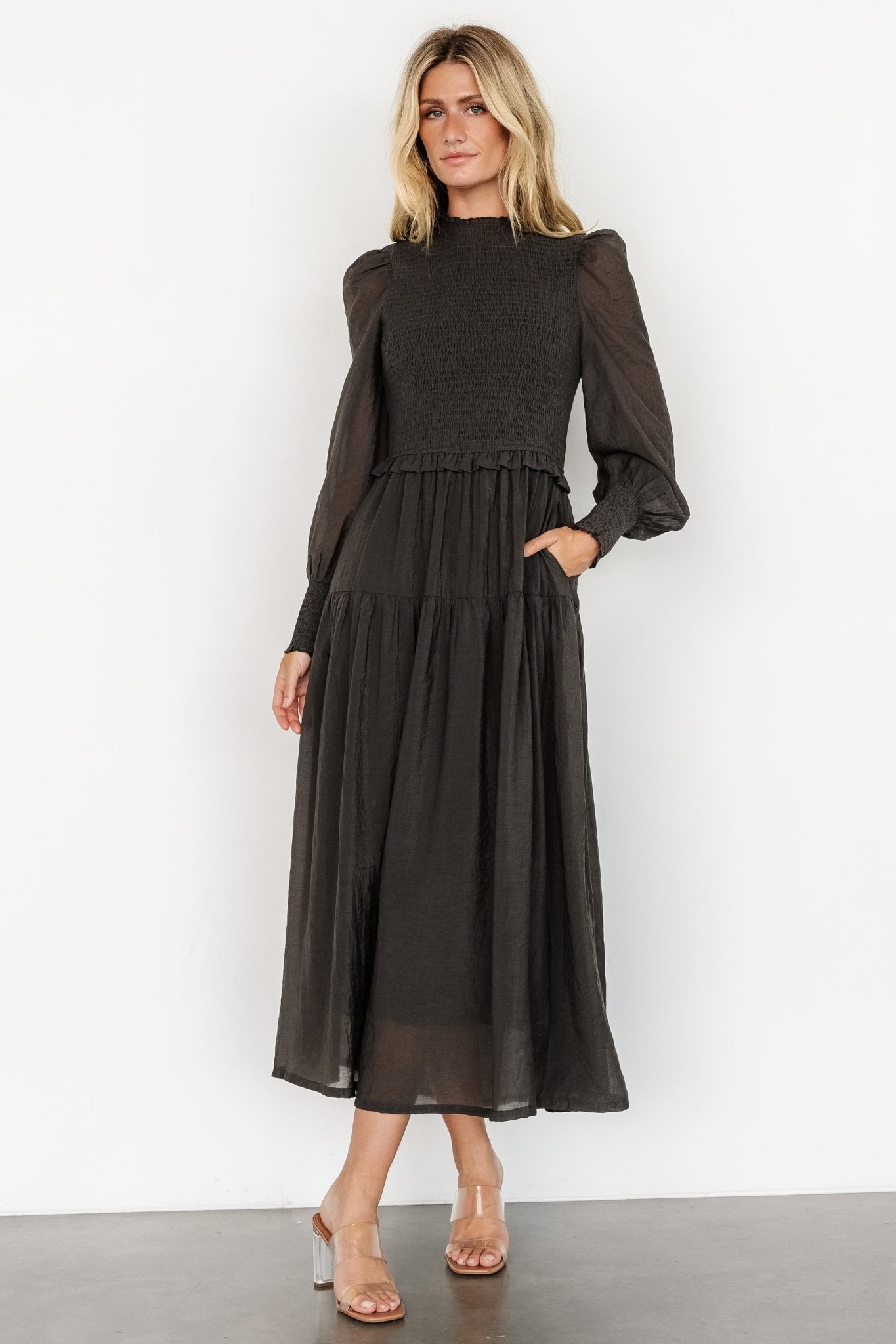 Daria Smocked Maxi Dress | Charcoal - Baltic Born