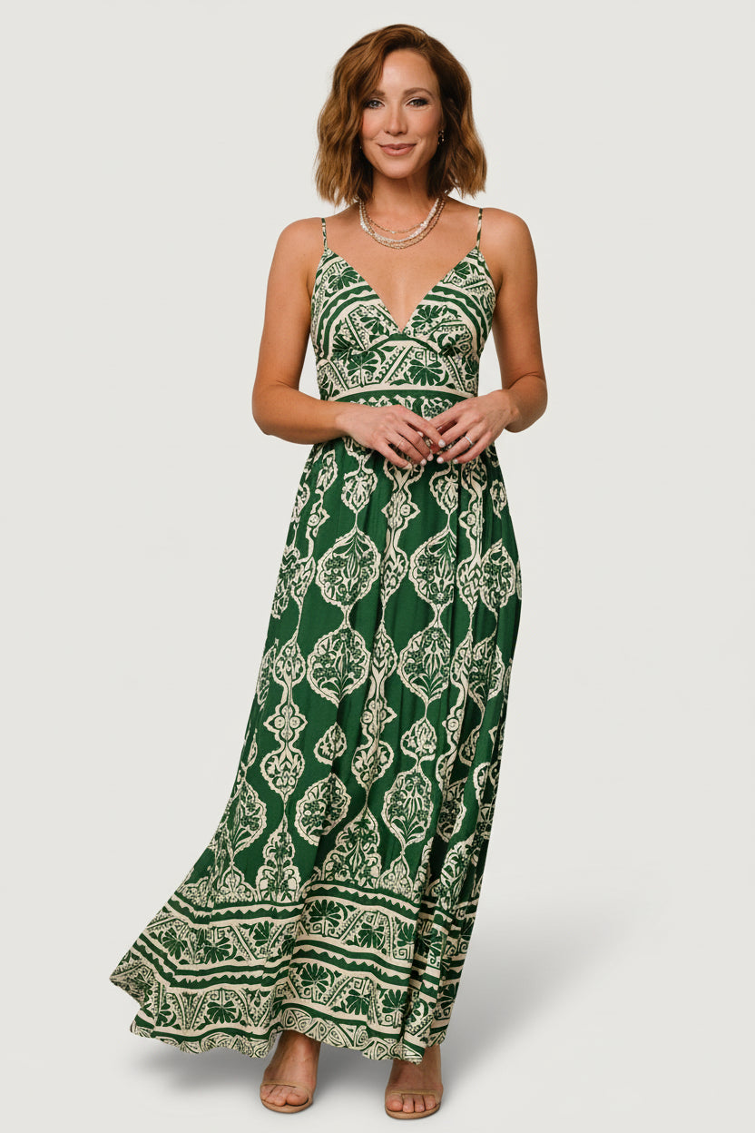 Baltic Born Womens Davinah V Neck Maxi Dress | Green Print