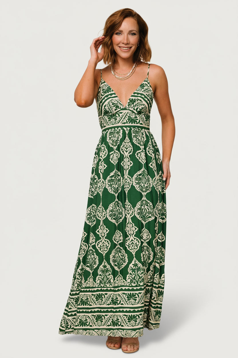 Baltic Born Womens Davinah V Neck Maxi Dress | Green Print | Size: XL