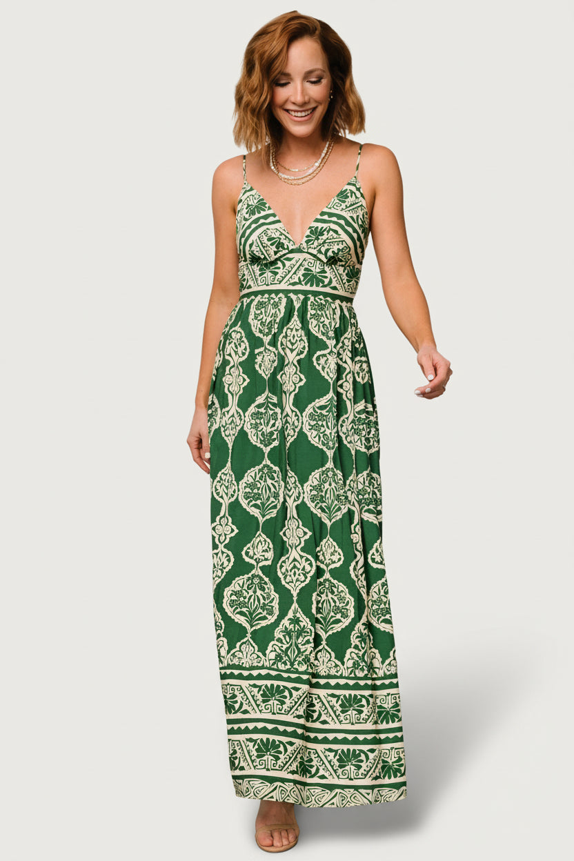 Baltic Born Womens Davinah V Neck Maxi Dress | Green Print