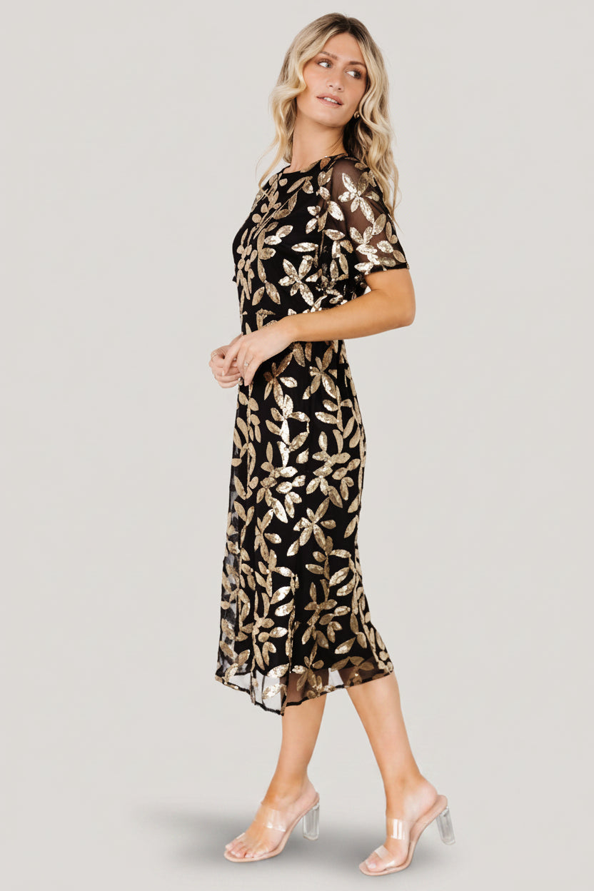 Deanna Sequin Midi Dress | Black + Gold